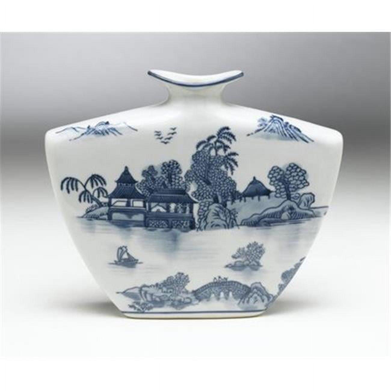 Elegant Blue Willow Design Porcelain Flat Vase