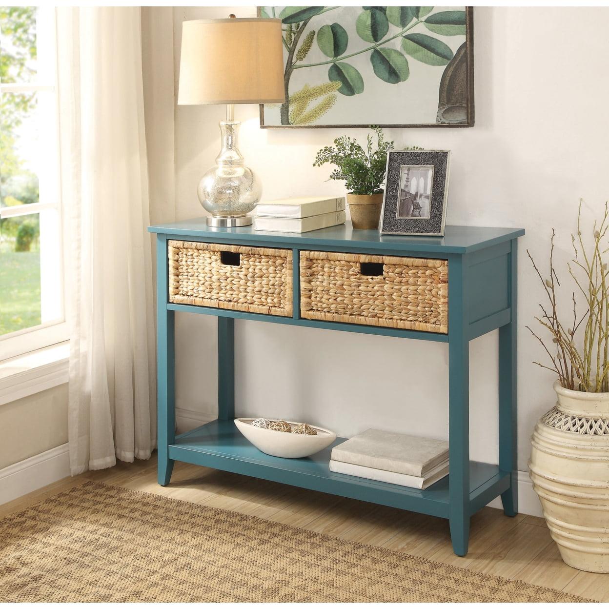 Teal Wood Console Table with Storage Baskets and Shelf