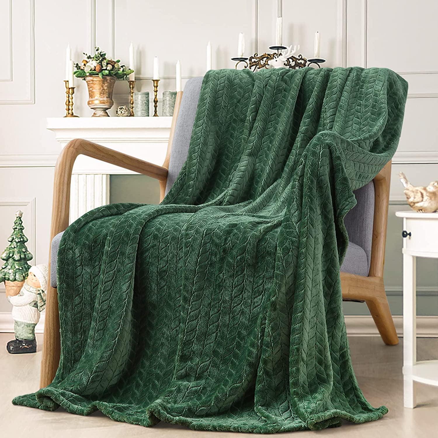 Green Fleece Reversible Throw Blanket with Jacquard Weave