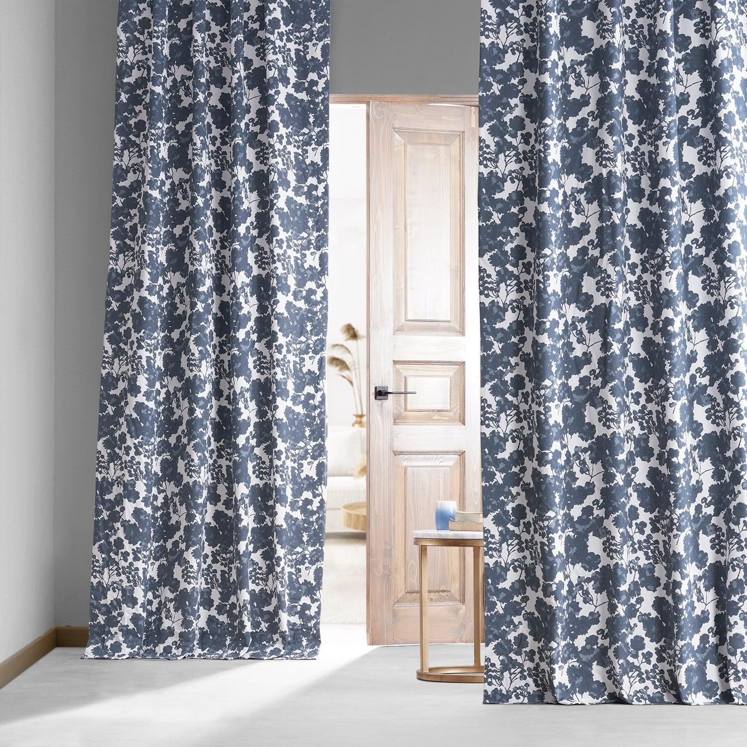 Fleur Blue Floral Cotton Blackout Drape Panel with Hidden Tabs