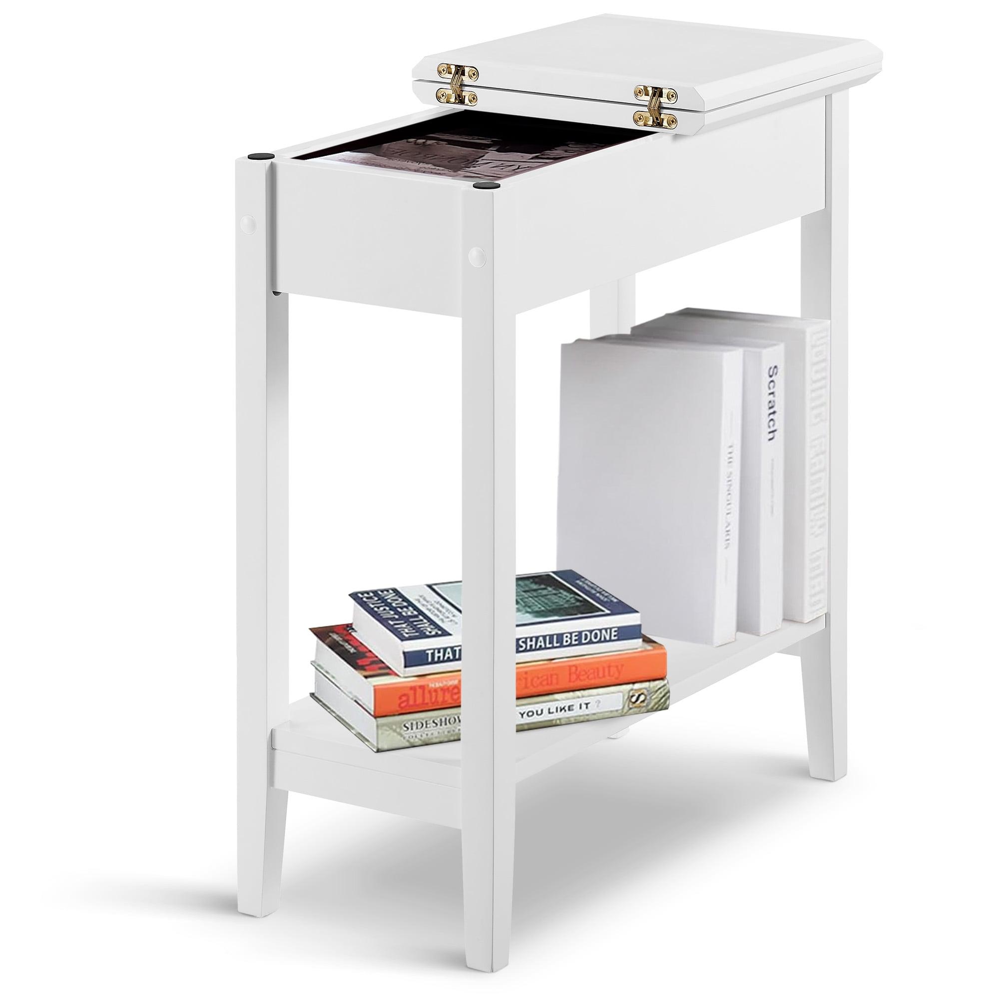 White Slim Rectangular Wood and Metal End Table with Storage