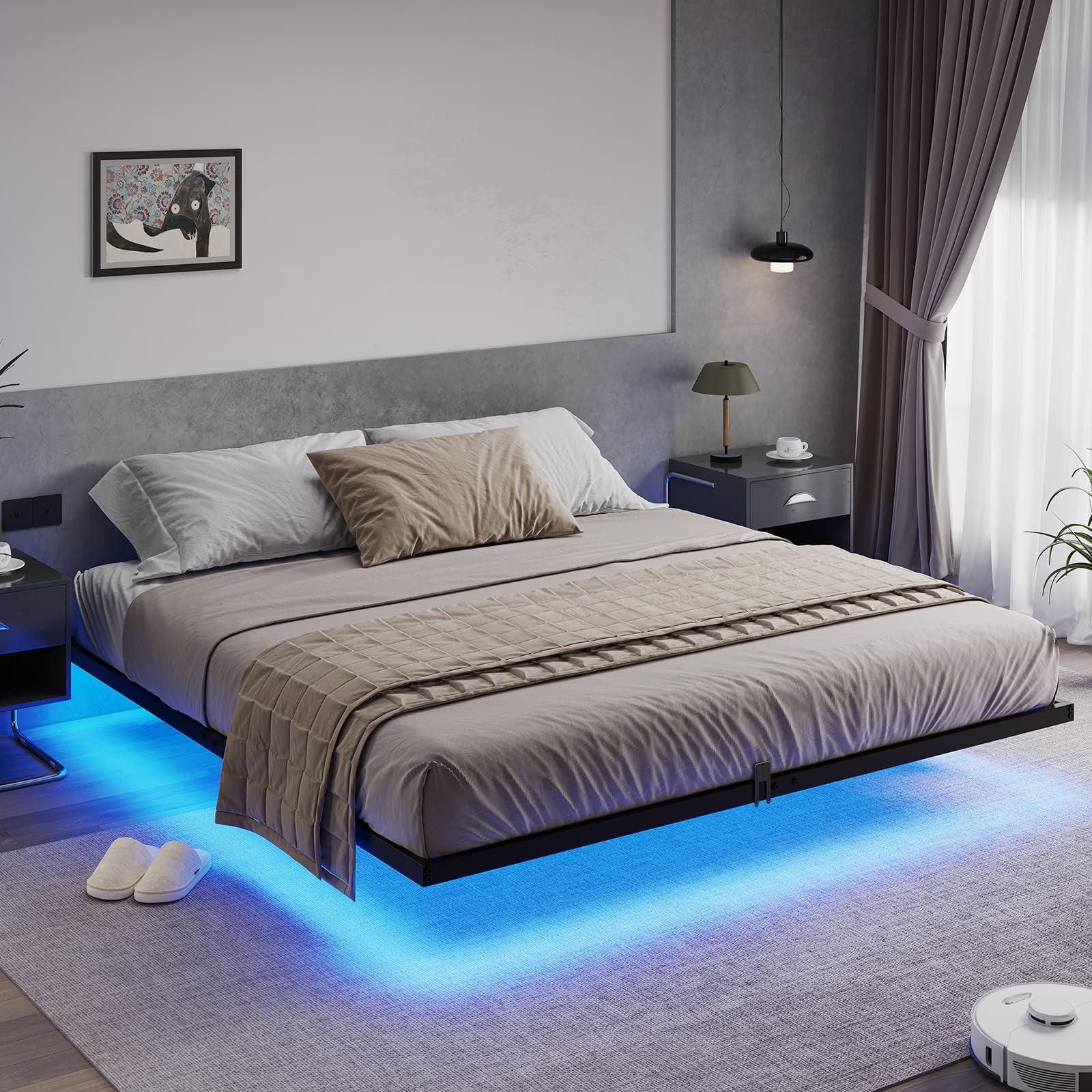 Floating Bed Frame With Led Lights Metal Platform Bed, No Squeak