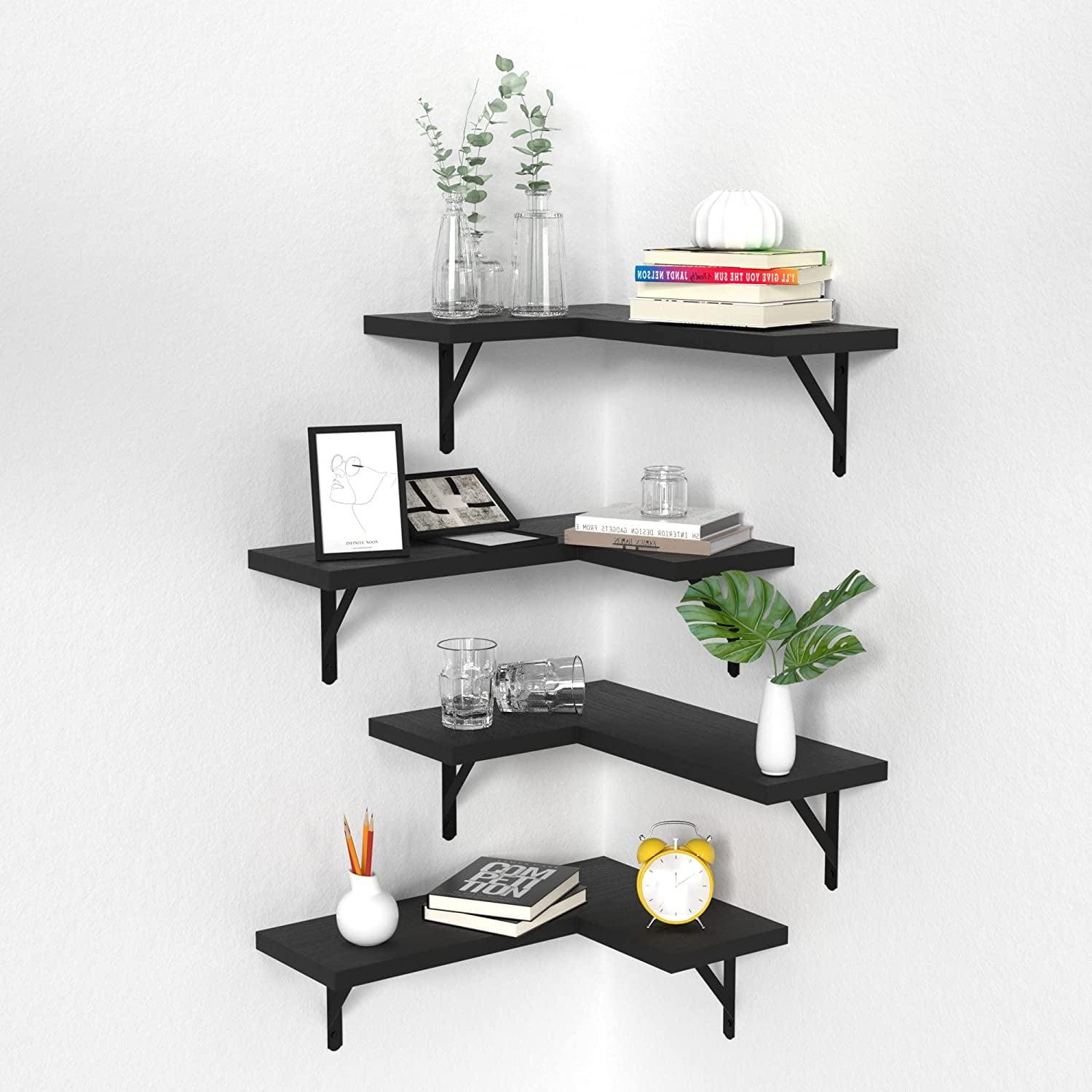 Black Paulownia Wood Floating Corner Shelves Set of 4