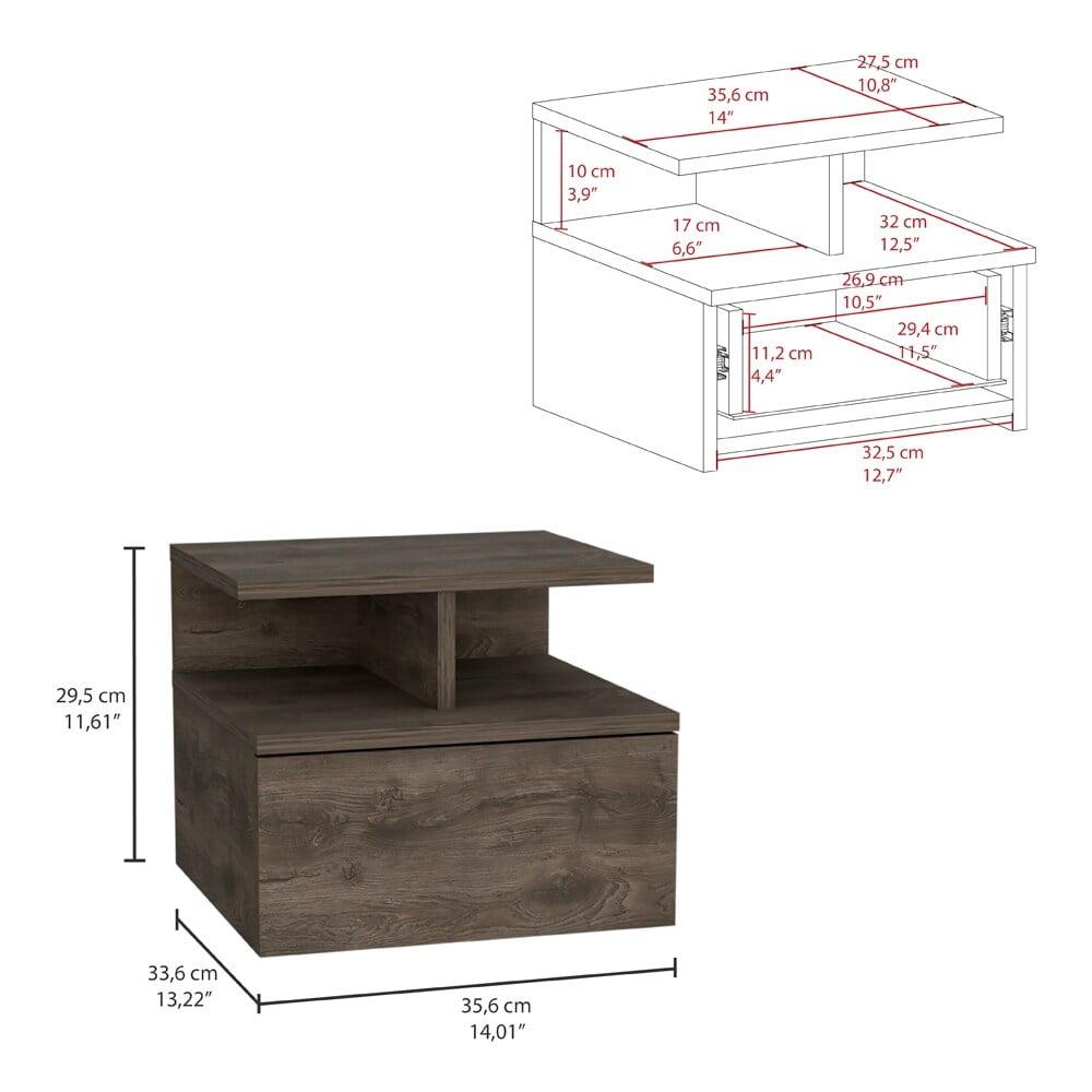 Brown Floating Nightstand with Drawer and Open Shelves