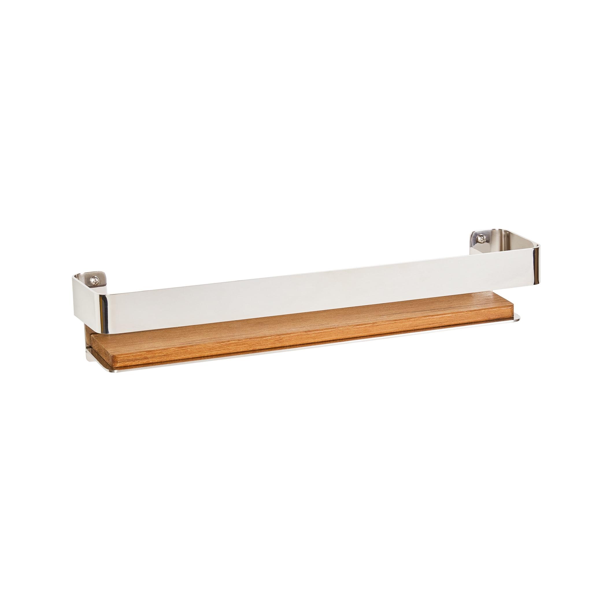 Floating Rectangular Shower Shelf with Rail in a Polished Finish and Natural Teak Wood Insert