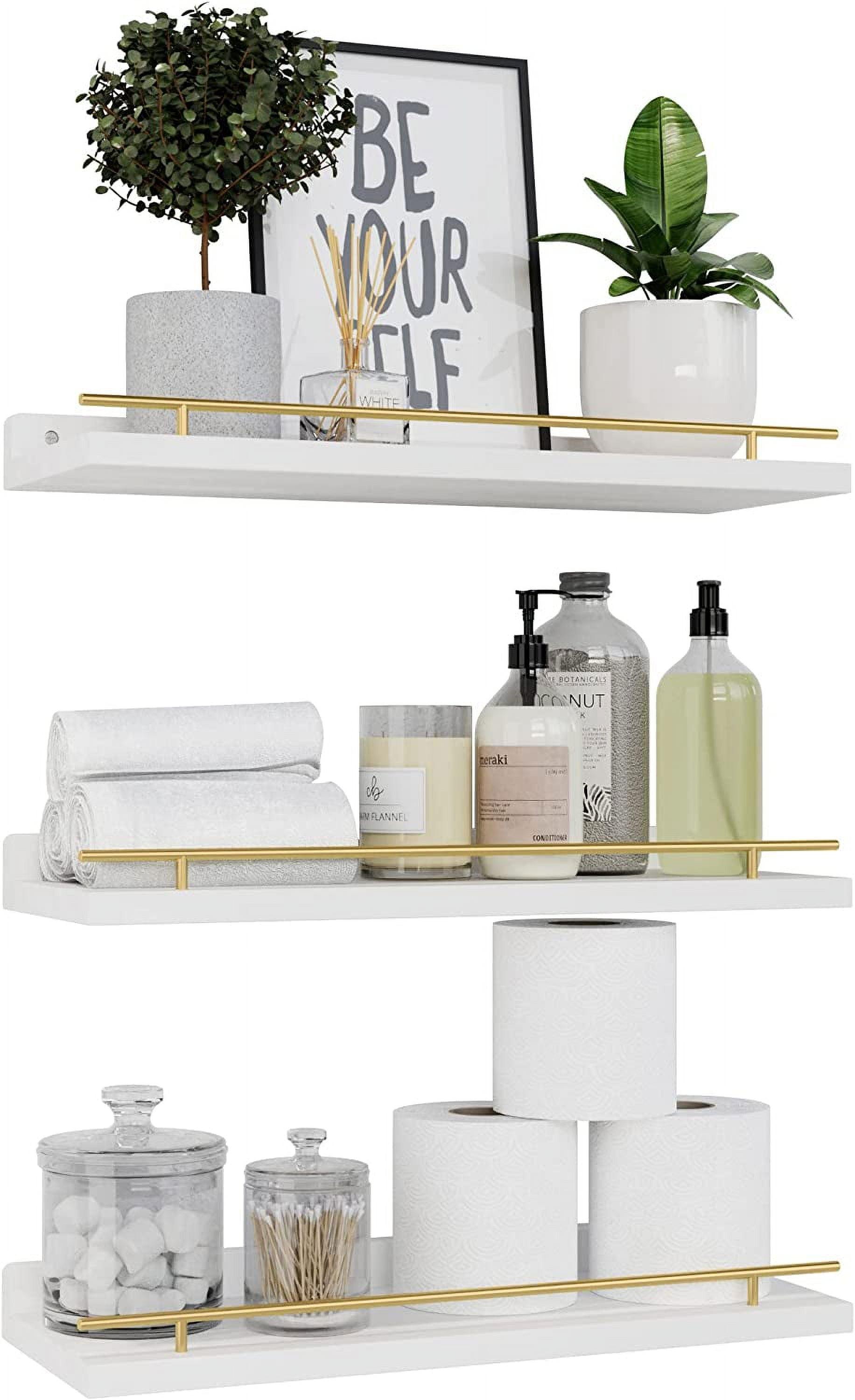 White Floating Shelves with Gold Metal Guardrail, Set of 3