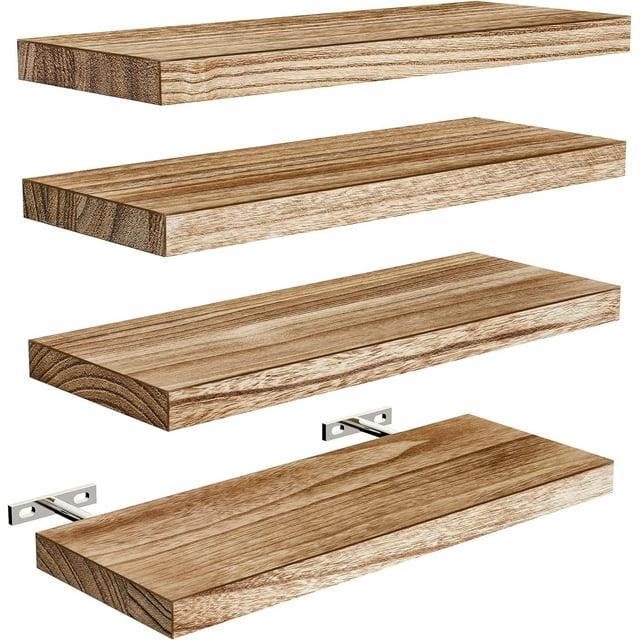 Floating Shelves, Paulownia Wood Wall Shelves for Bathroom/Living Room/Bedroom/Kitchen/Home Office, Natural Wood Floating Shelf for Home Storage & Organization, Set of 4, AMFS40W