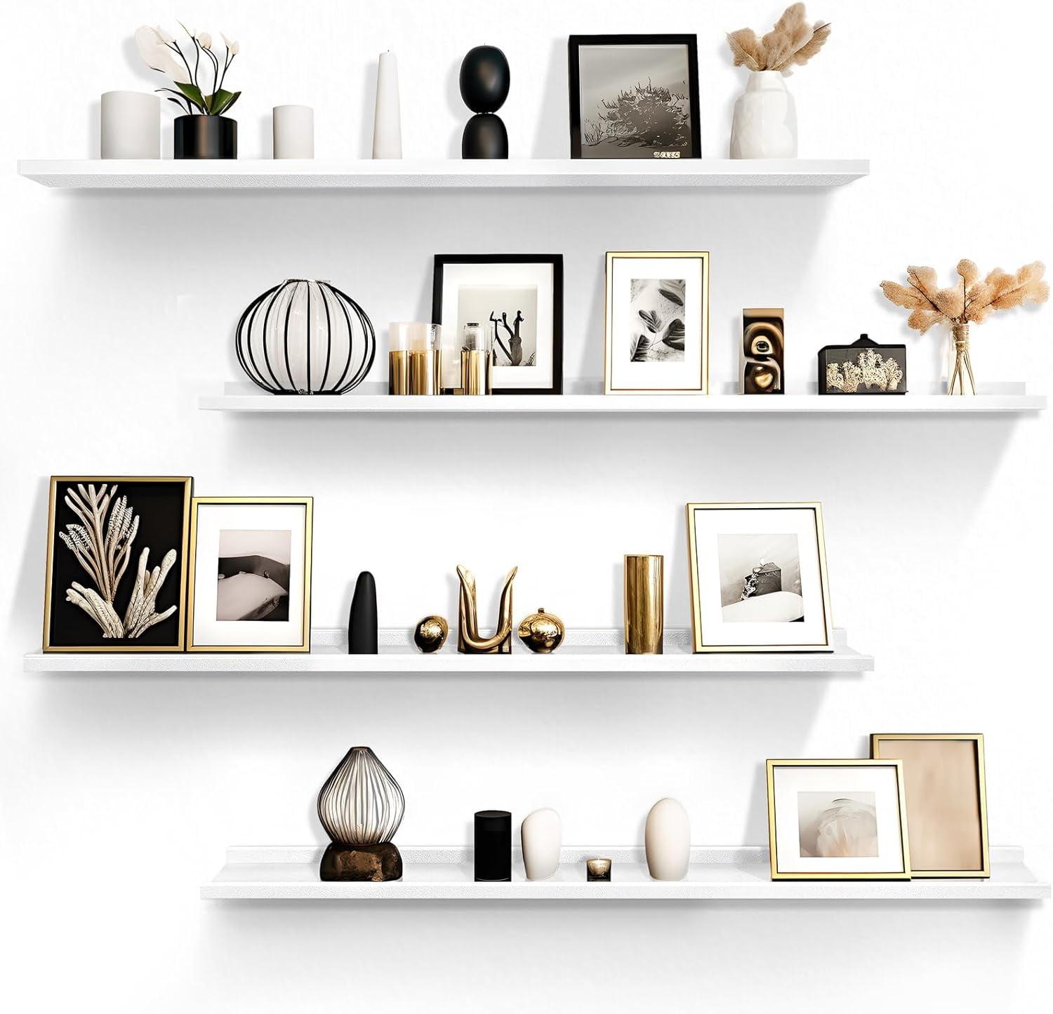 Floating Shelves for Wall Storage Set of 4, 48 Inch Picture Ledge Shelf, White Wall Shelves with Lip for Kitchen, Bedroom, Bathroom, and Living Room