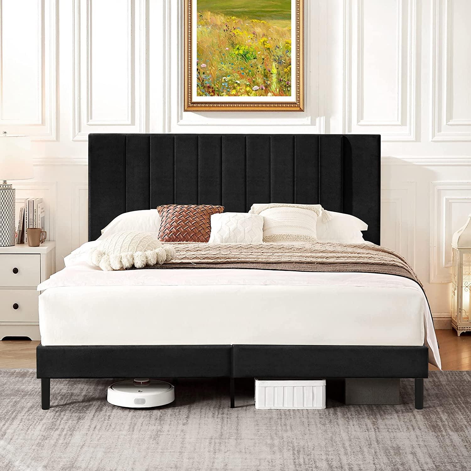 Queen Black Velvet Upholstered Platform Bed with Tufted Headboard