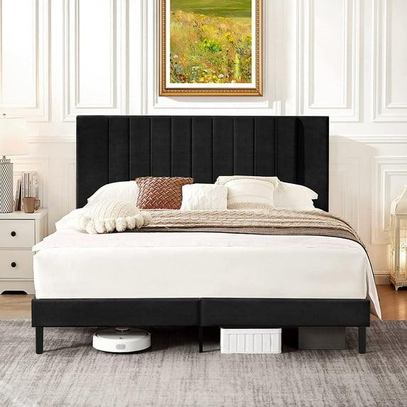 Flolinda Platform Bed Frame with Tufted Upholstered Headboard & Solid Wood Bed Legs