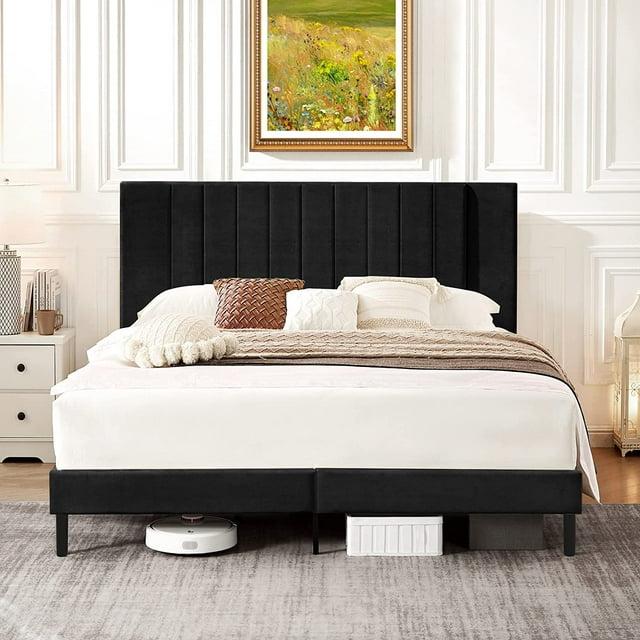 Flolinda Platform Bed Frame with Tufted Upholstered Headboard & Solid Wood Bed Legs