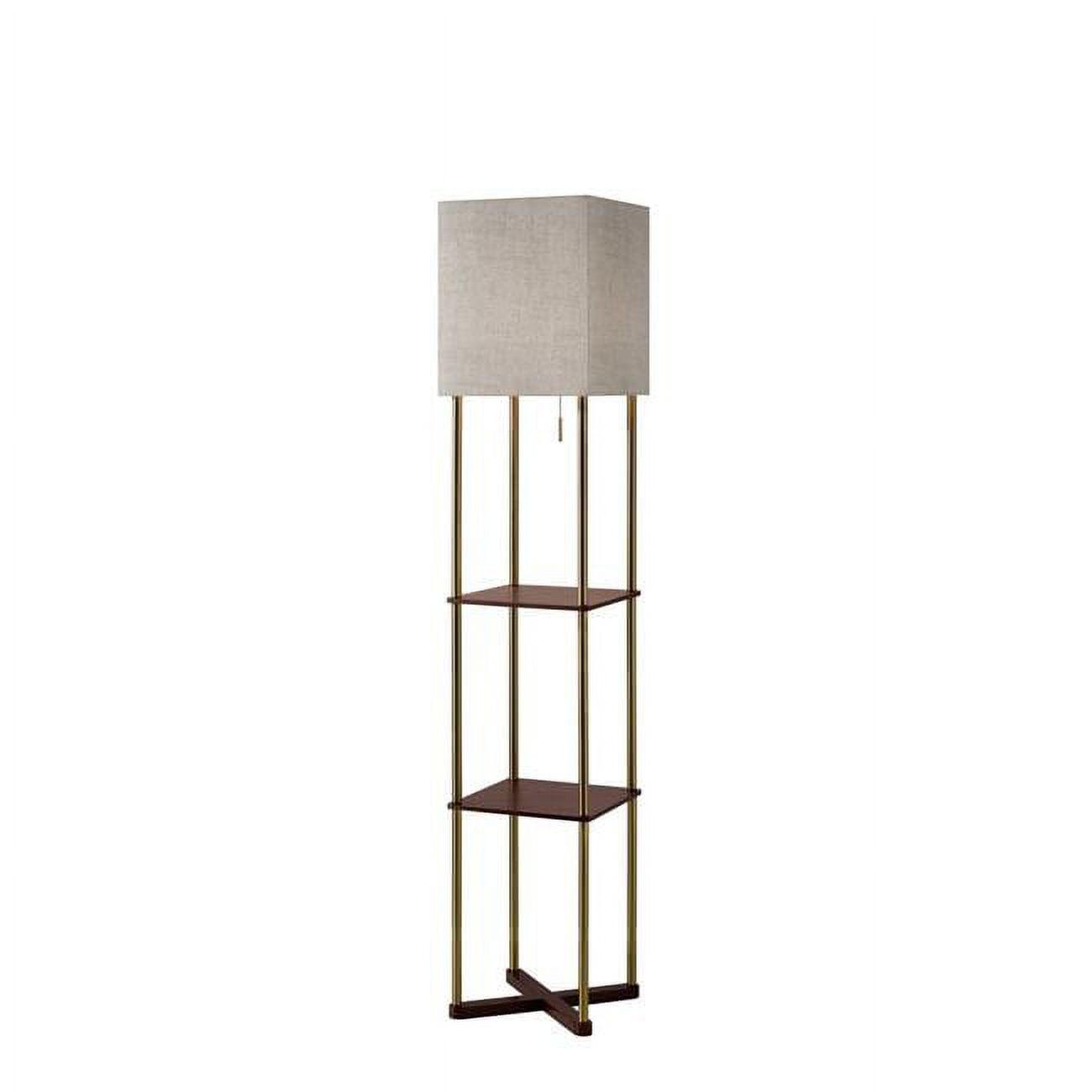 Antique Brass and Walnut Wood Shelf Floor Lamp with USB Ports