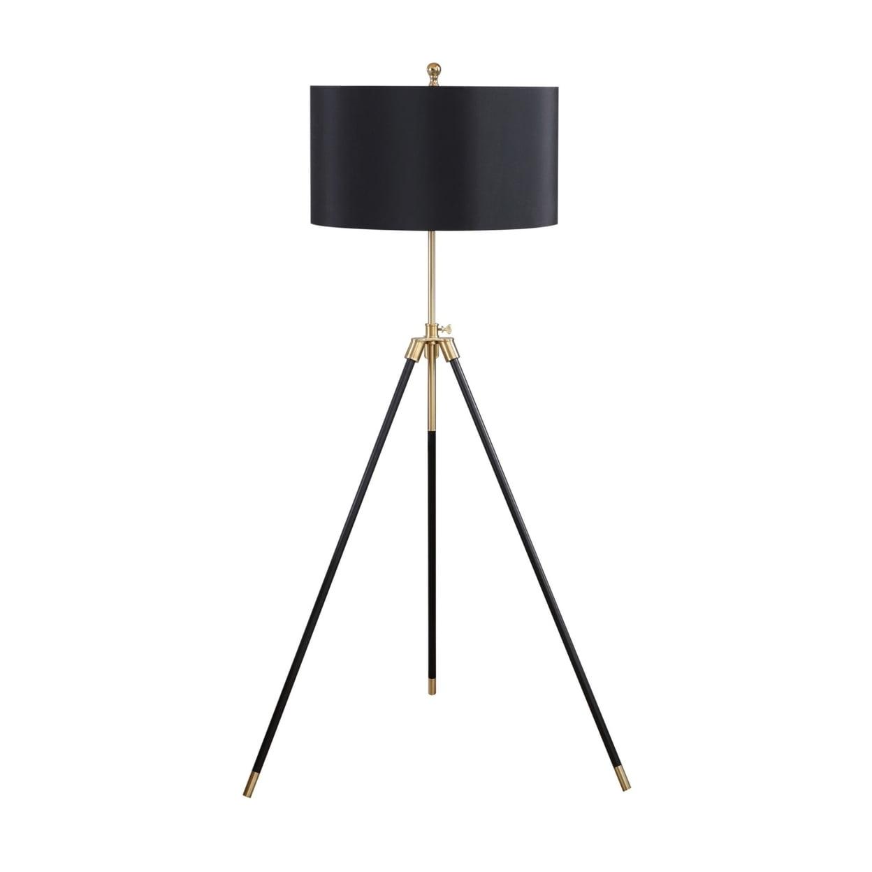 Sleek Black Tripod Floor Lamp with Gold Accents and Drum Shade