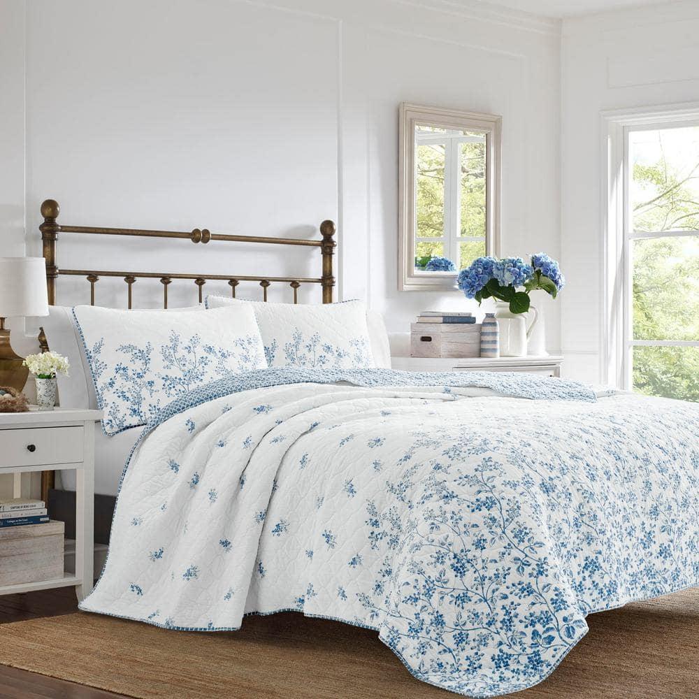 Flora Blue Cotton Reversible King Quilt Set