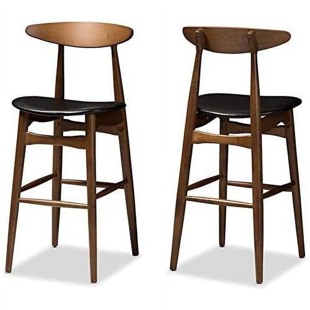 Set of 2 Walnut & Black Leather Mid-Century Barstools