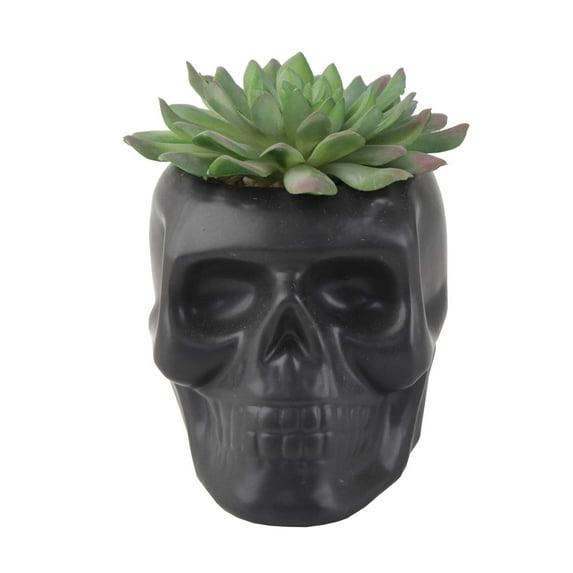 Matte Black Ceramic Day Of The Dead Ghastly Skull Planter Bowl Pot Figurine
