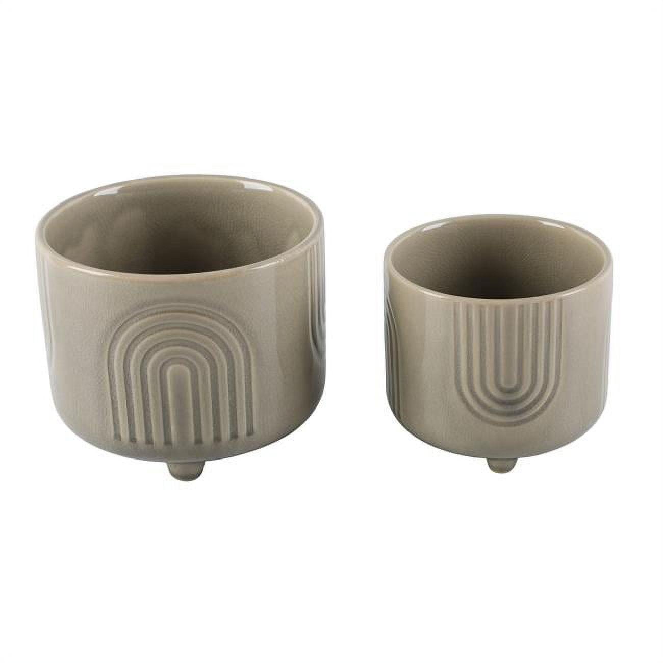 Olive Green Ceramic Footed Planter Set with Geometric Patterns