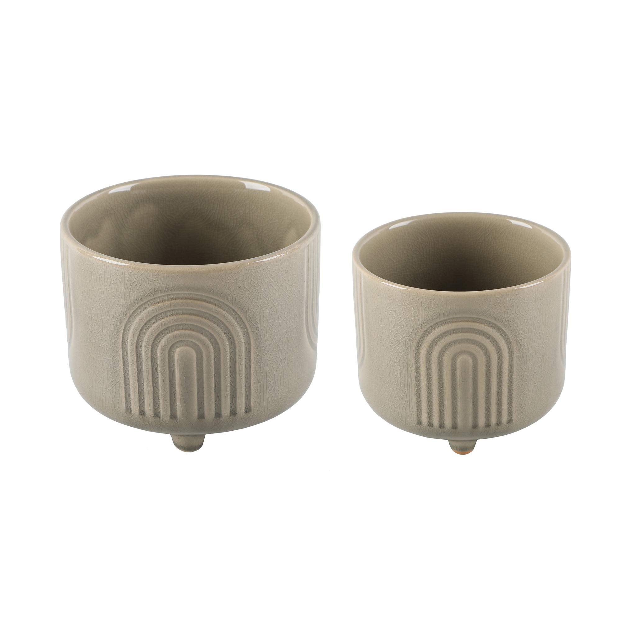 Olive Green Ceramic Footed Planter Set with Geometric Patterns