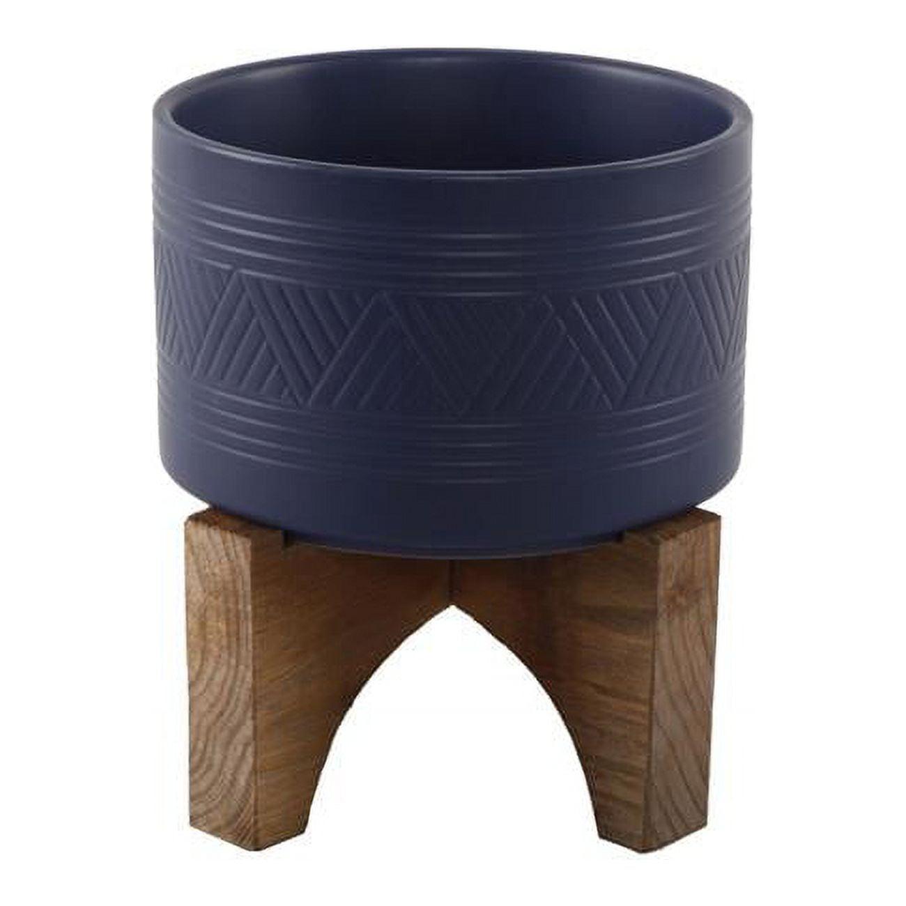 Matte Navy Ceramic Planter with Wood Stand, 7.5"