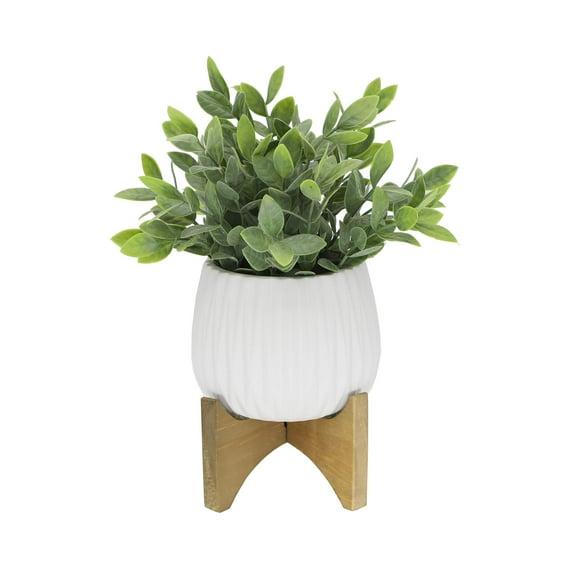 Artificial Plant Tea Leaf in 5 in Ridge Ceramic Pot on Wood Stand,Matte White