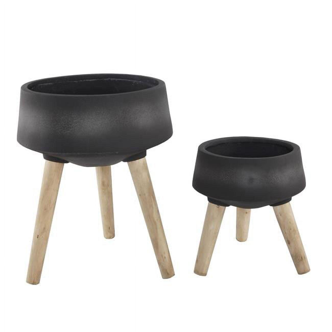 Matte Black Fiberglass and Wood Indoor Planter Set on Legs, 15" & 11.5"