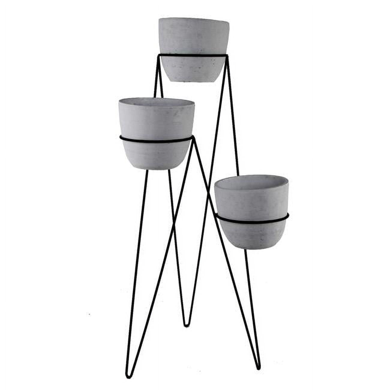 Mid-Century Modern 3-Tier Lava Grey Cement Planter on Black Metal Stand