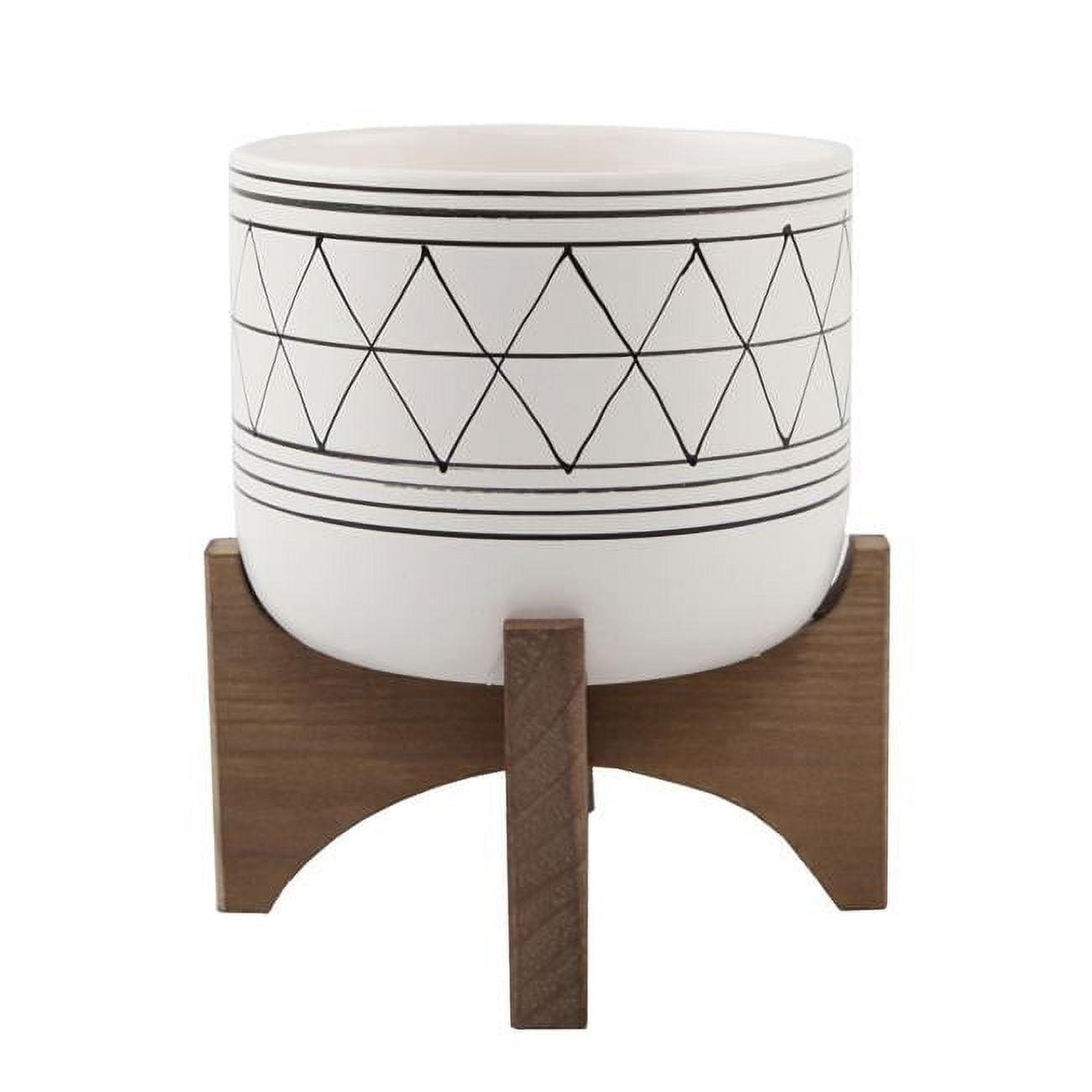 Mid-Century Modern 5" White & Black Ceramic Planter with Wood Stand