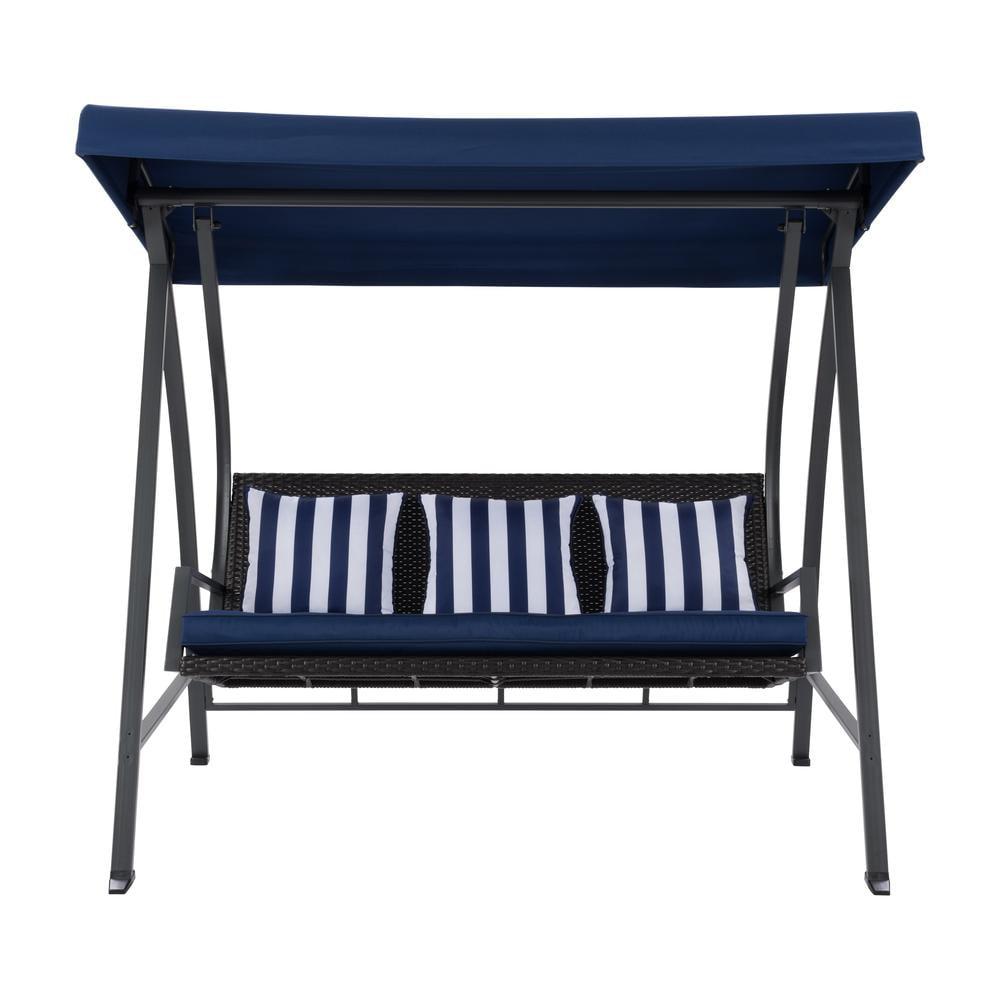 Flora Navy Blue 3-Seat Metal Patio Swing with Canopy and Striped Pillows