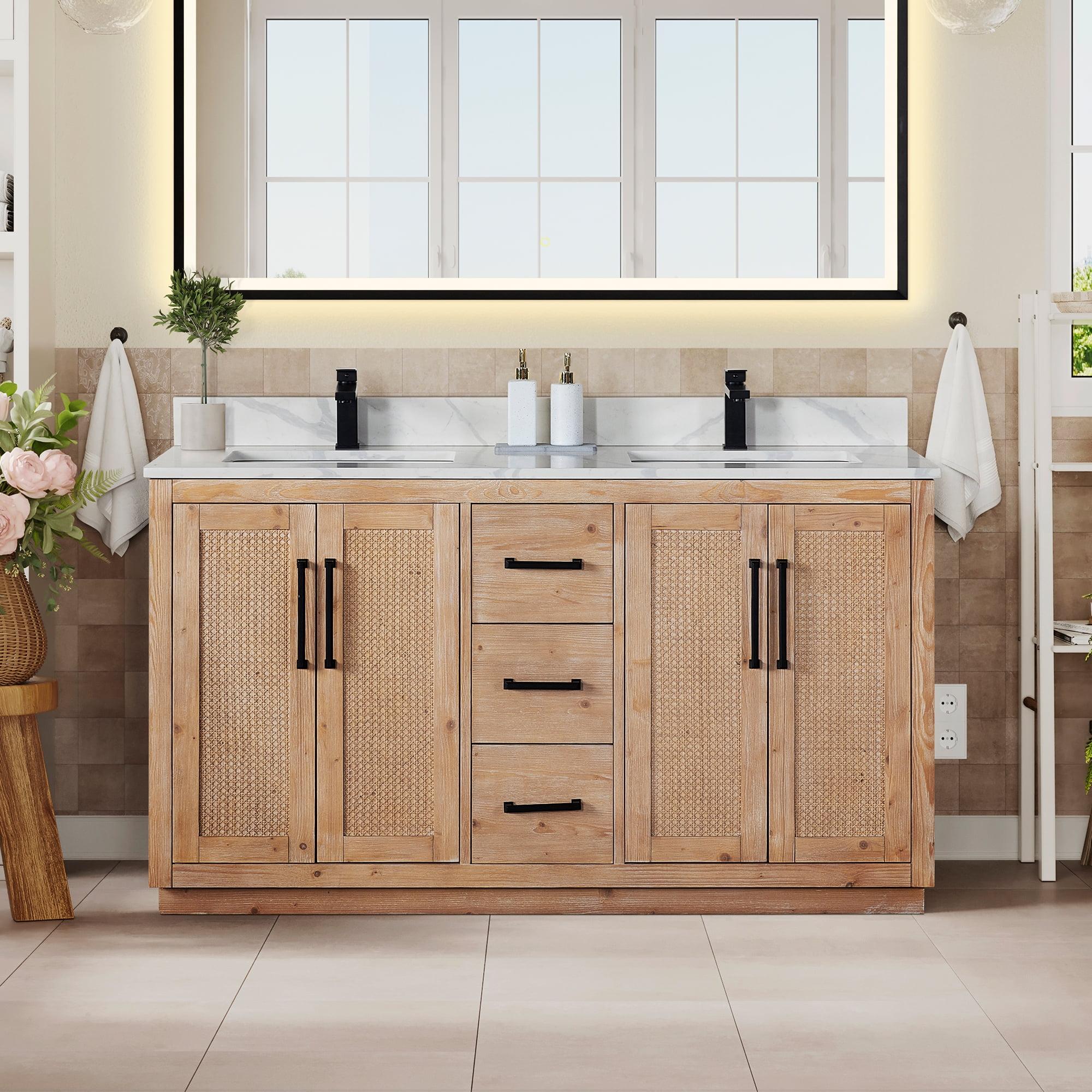 Floral 60" Light Brown Fir Wood Double Vanity with Calacatta Quartz Top