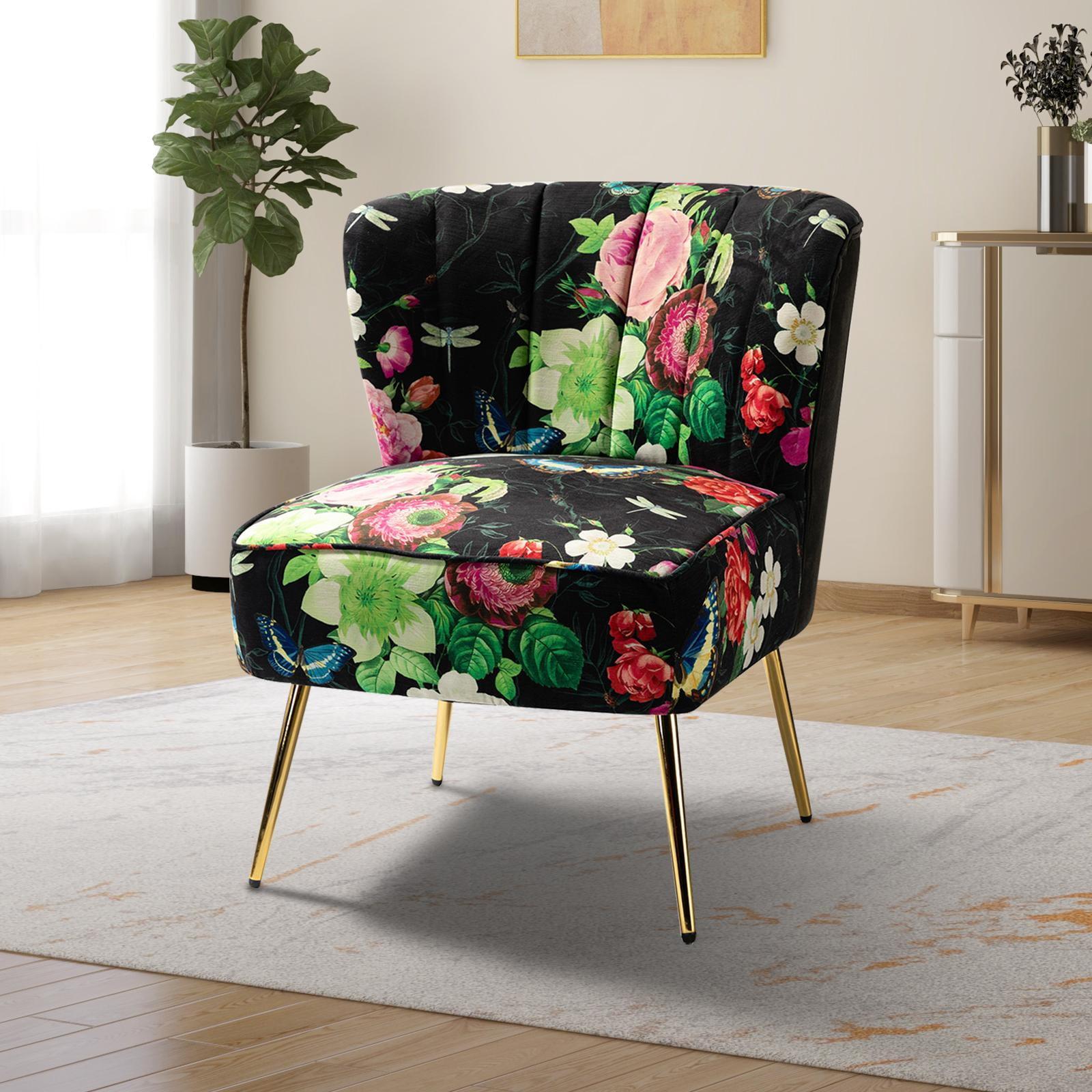 Black Floral Upholstered Accent Chair with Gold Metal Legs