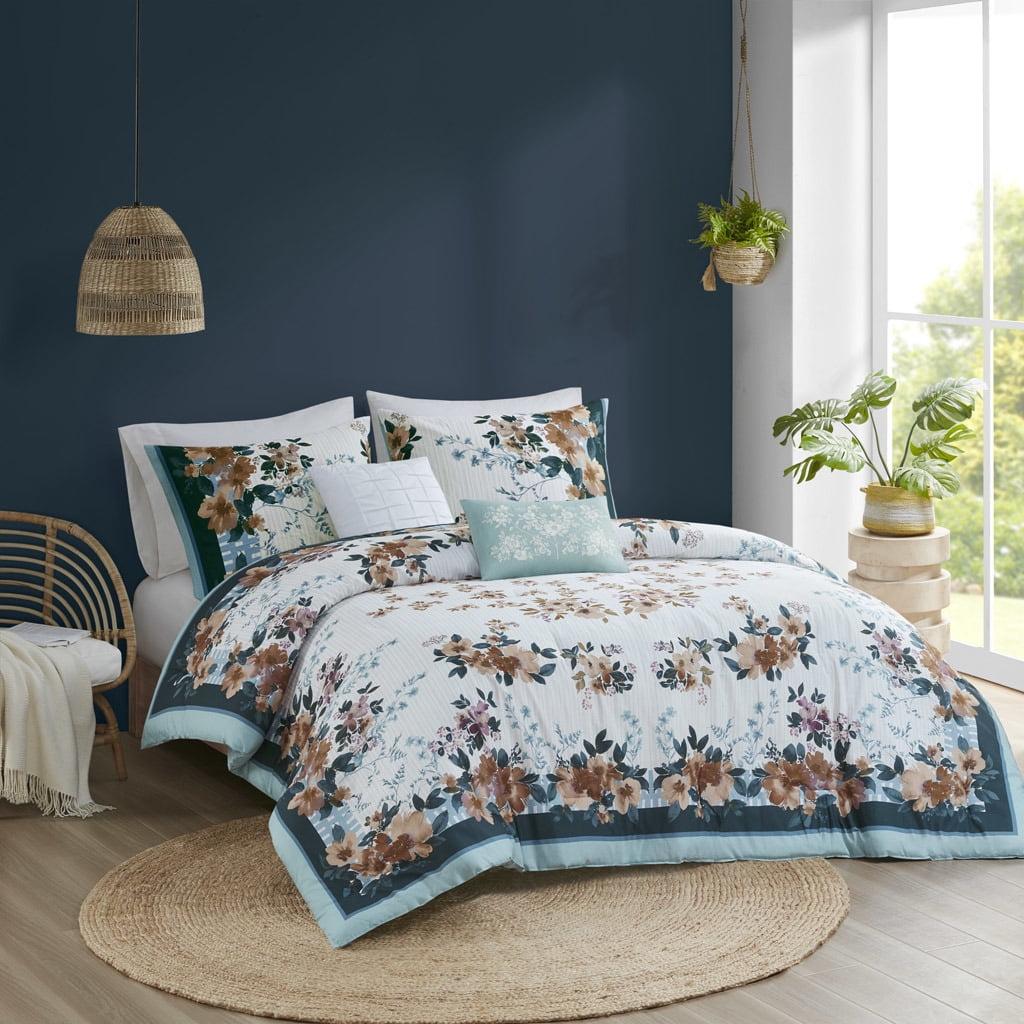 Gray Floral Cotton 5-Piece King Bedspread Set