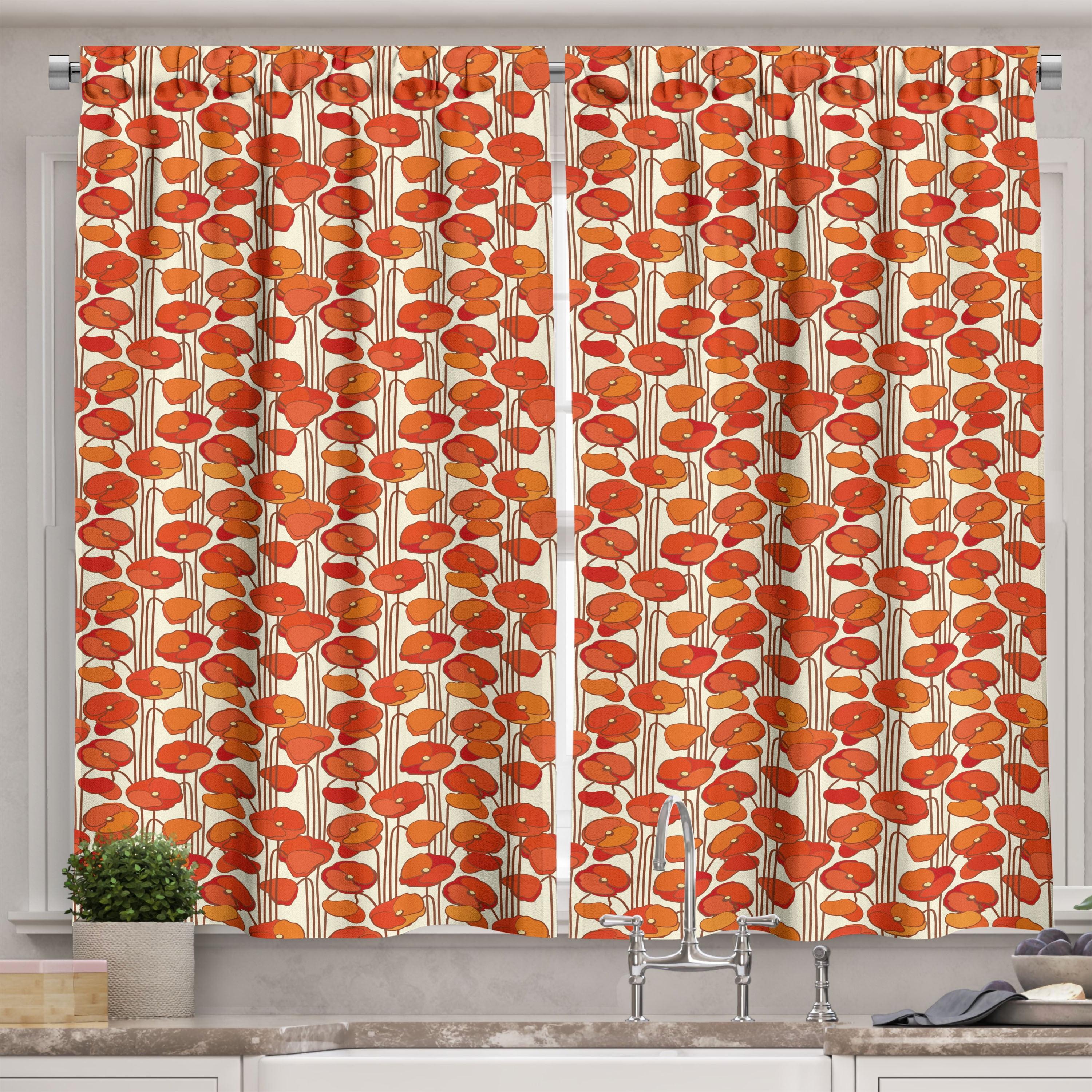 Vermilion Floral Polyester Light-Filtering Kitchen Curtains, 55'' W x 39'' L, Set of 2