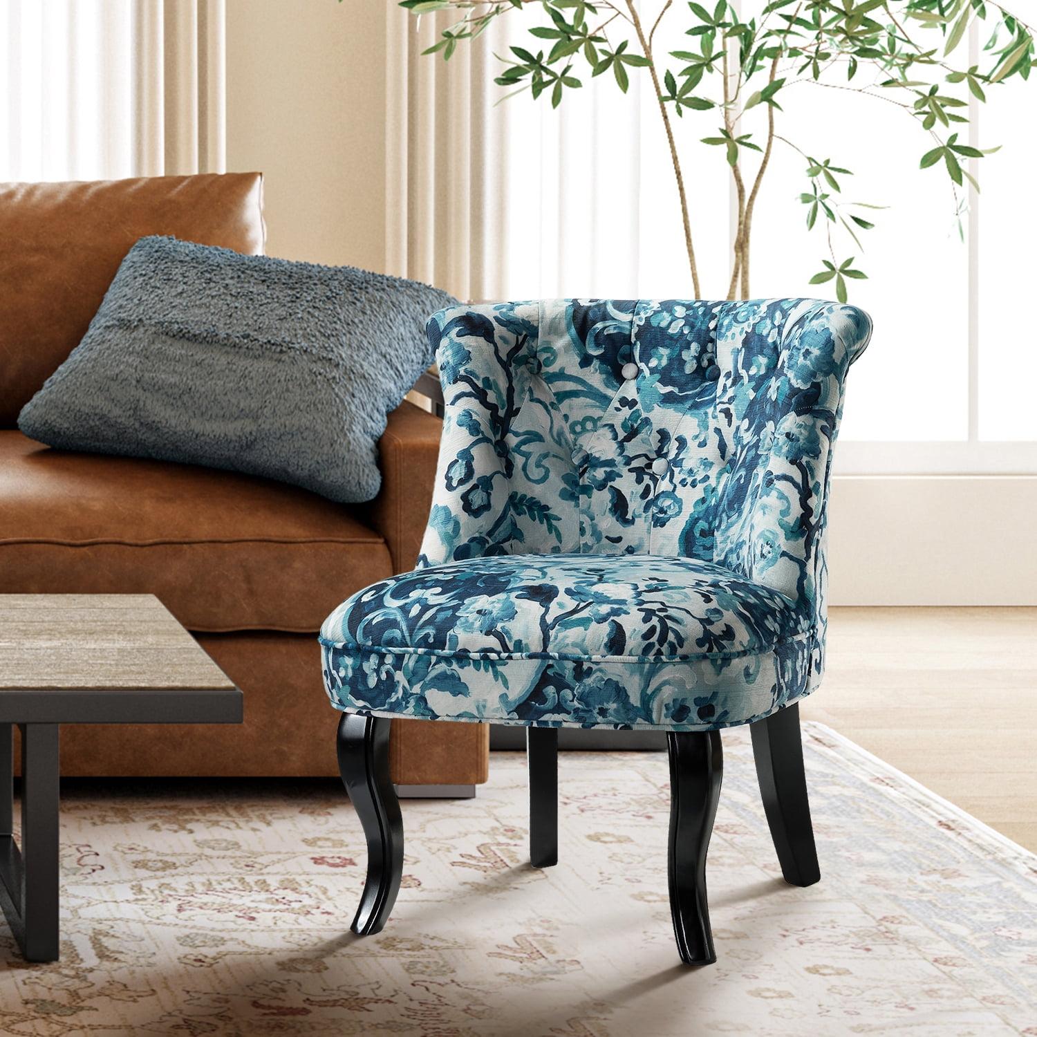 Indigo Floral Velvet Accent Chair with Black Wooden Legs