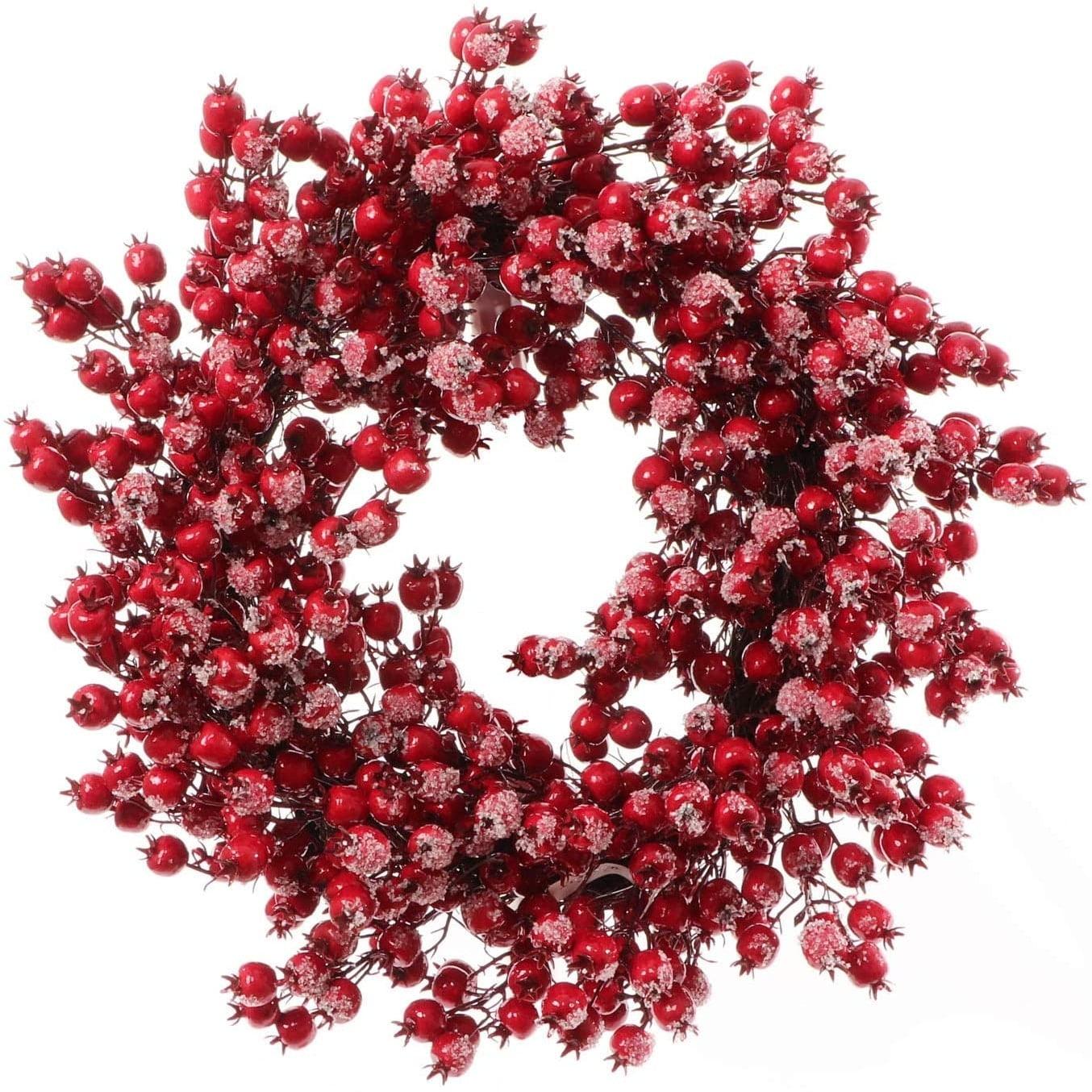 19" Red Frosted Berry Christmas Wreath with Hawthorn Branches