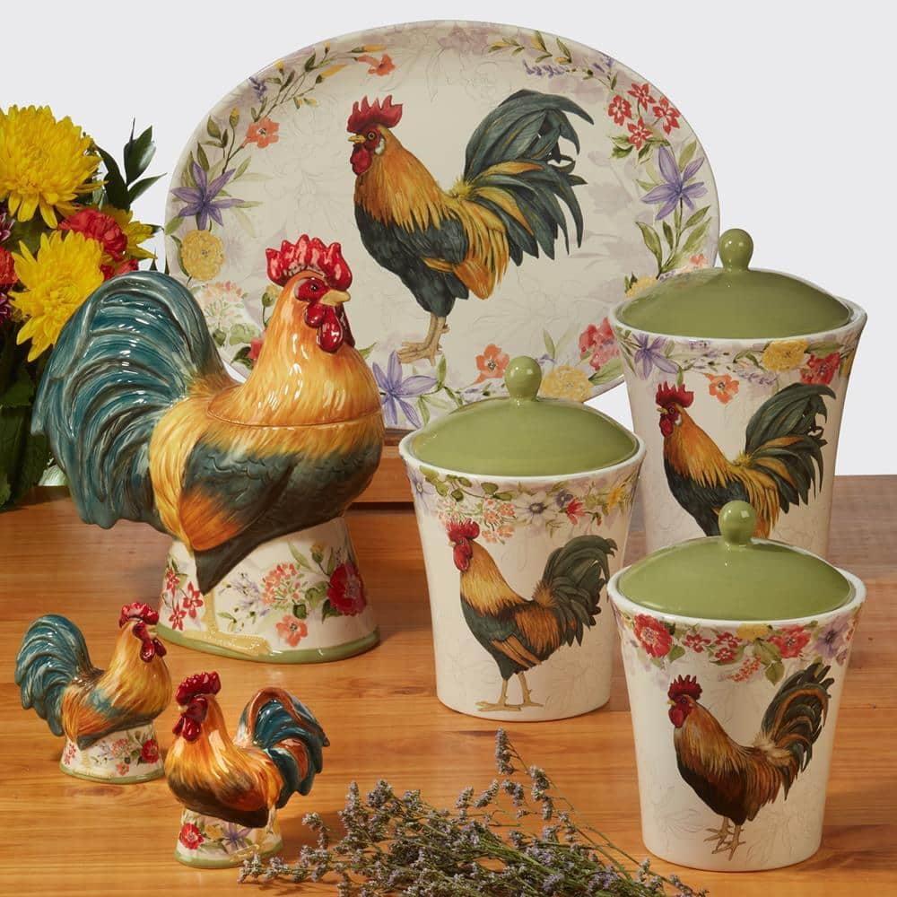 Green Ceramic Rooster Floral 3-Piece Canister Set