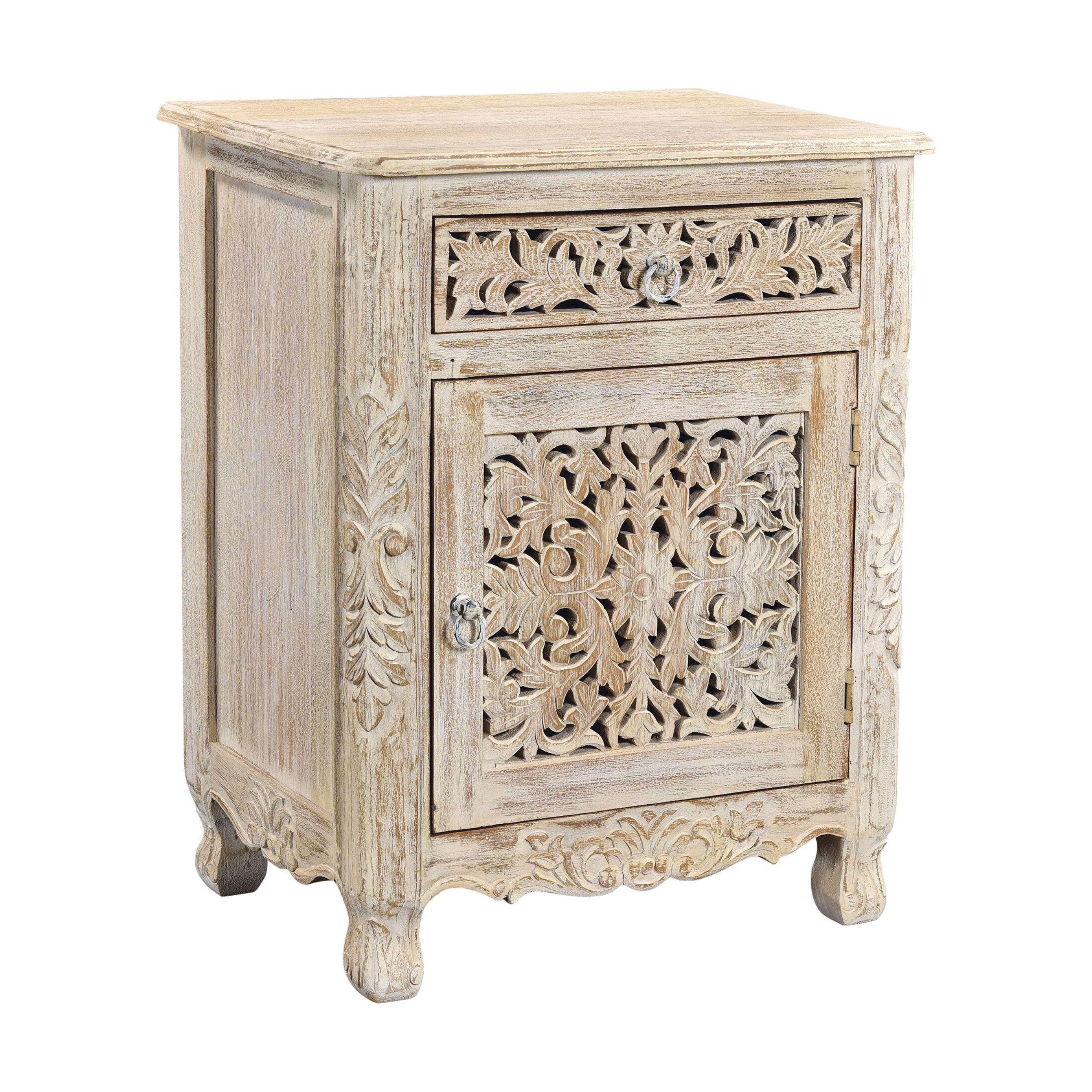 Distressed Black Mango Wood Carved Nightstand with Drawer