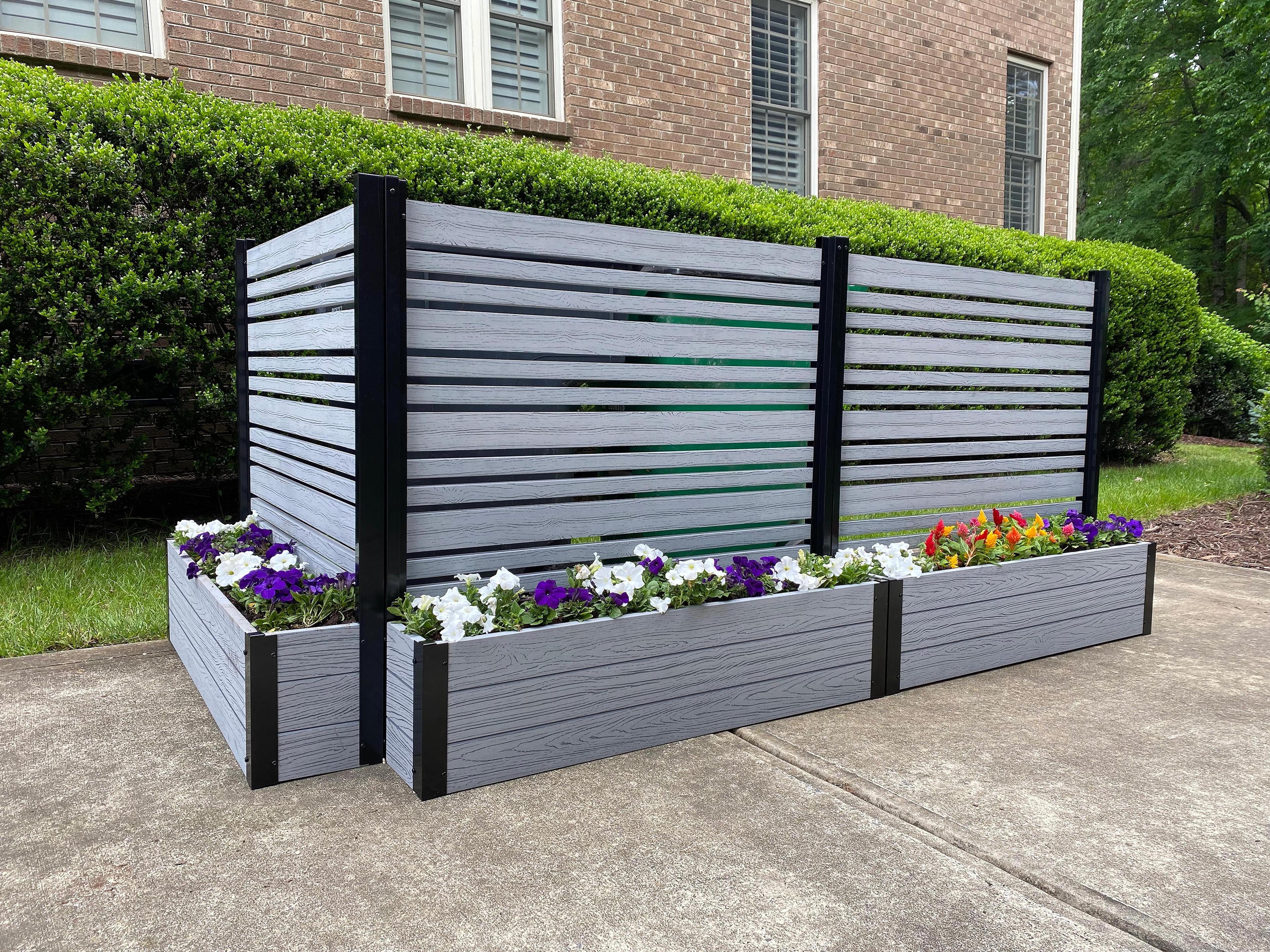 44in H x 46in W x 9.5in L (1 Screen w/ Planter) Freestanding Enclo Florence Ash Color Privacy Fence Screen with Planter Box, Outdoor Vinyl Privacy Screen Panel for Patio & Air Conditioner, EC18007