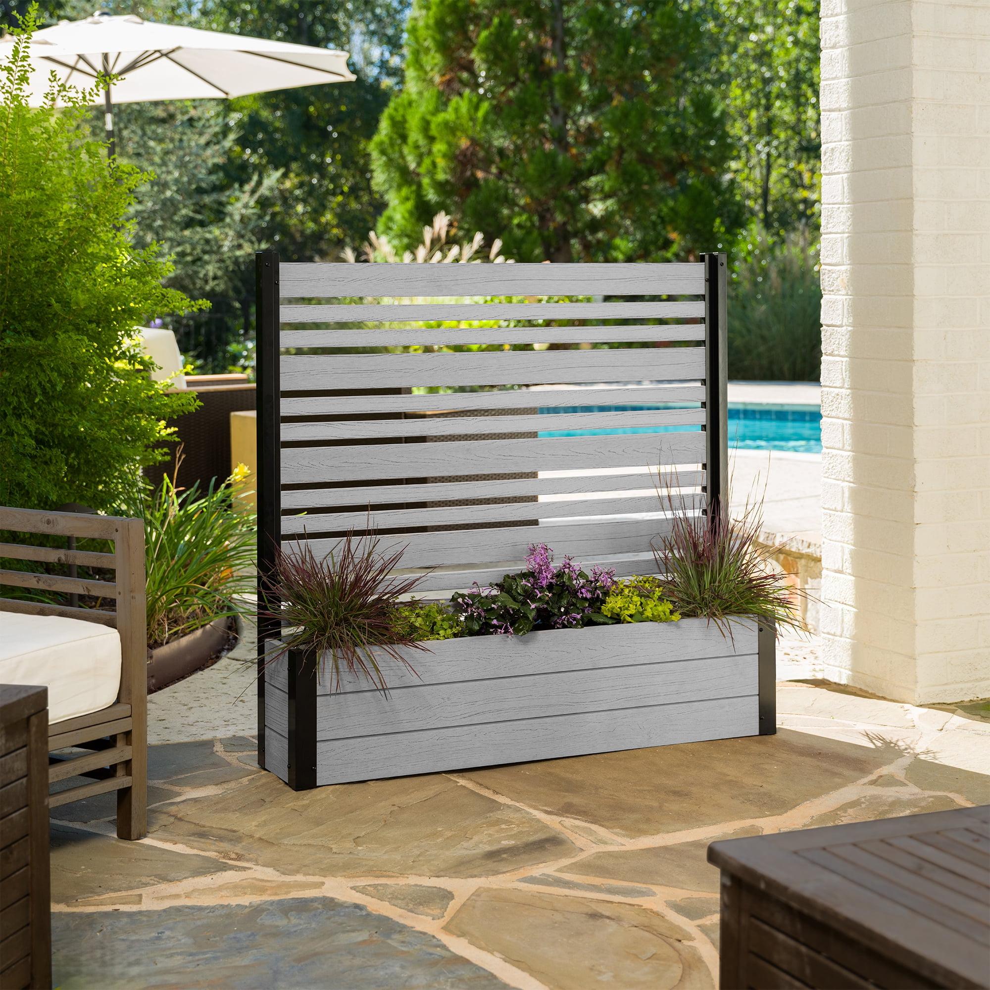 44in H x 46in W x 9.5in L (1 Screen w/ Planter) Freestanding Enclo Florence Ash Color Privacy Fence Screen with Planter Box, Outdoor Vinyl Privacy Screen Panel for Patio & Air Conditioner, EC18007