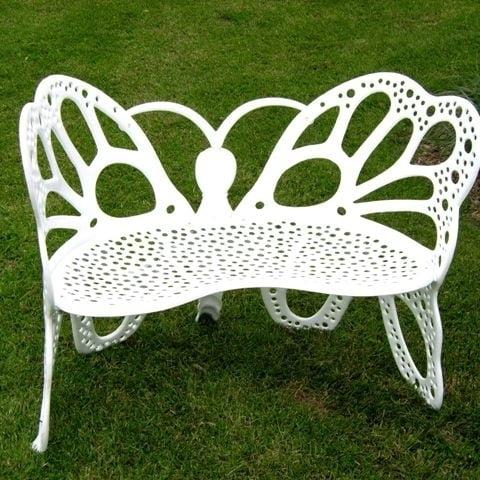 Whimsical White Aluminum Butterfly Garden Bench - 38in
