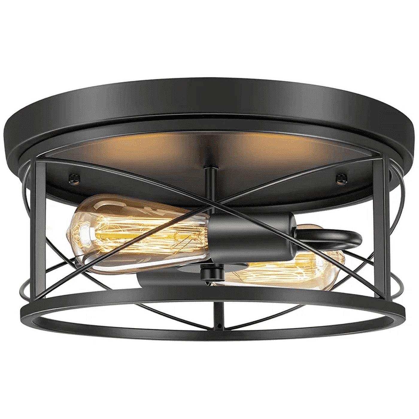 Matte Black Metal Cage Drum Flush Mount Light