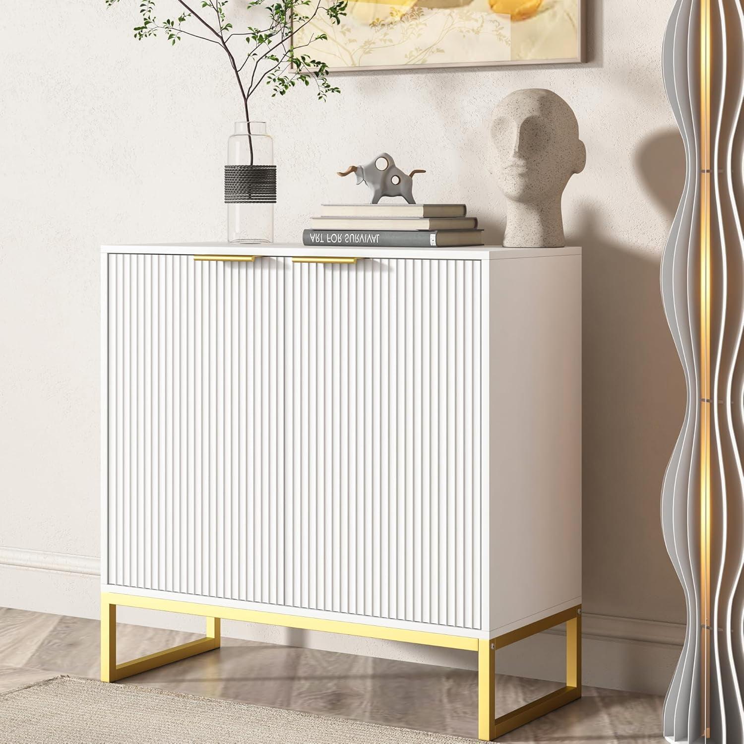 White Fluted Sideboard with Adjustable Shelves and Metal Legs