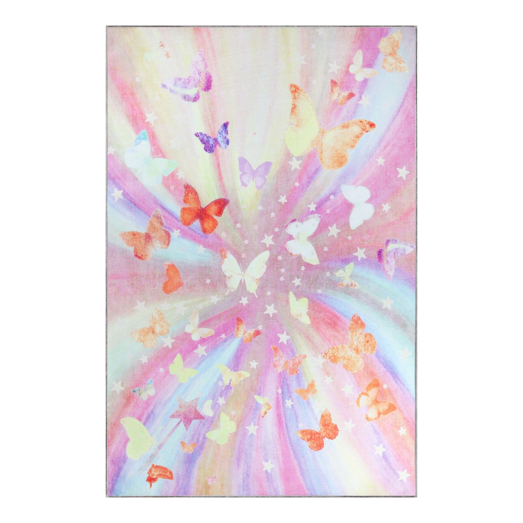 Butterfly Non-Slip Kids Playroom Nursery Washable Indoor Area Rug, 4'x6', Apricot - Blue Nile Mills