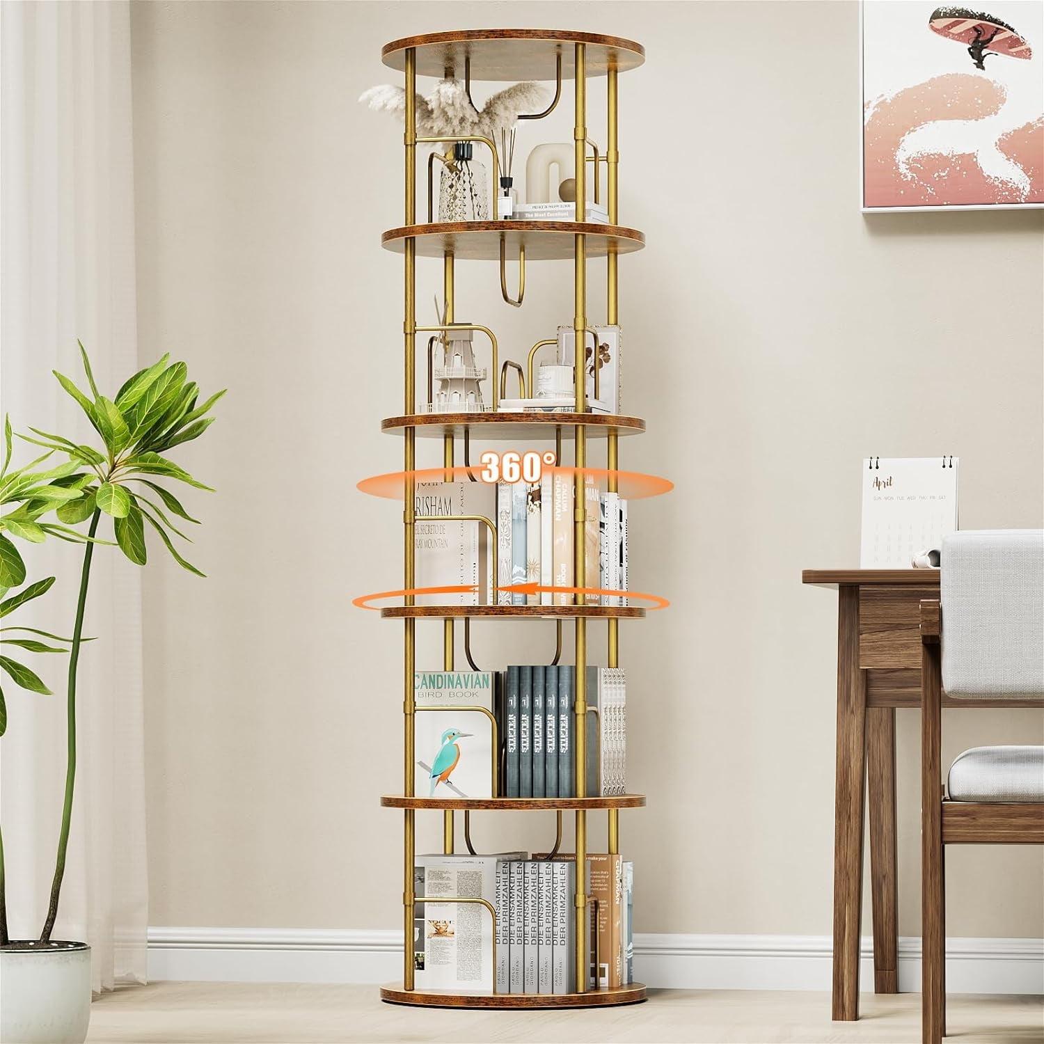 Flycity 5 Tier Rotating Bookshelf, 360Â° Display Rotating Bookcase Corner Storage Rack with Special Visible Partition Storage, Gold