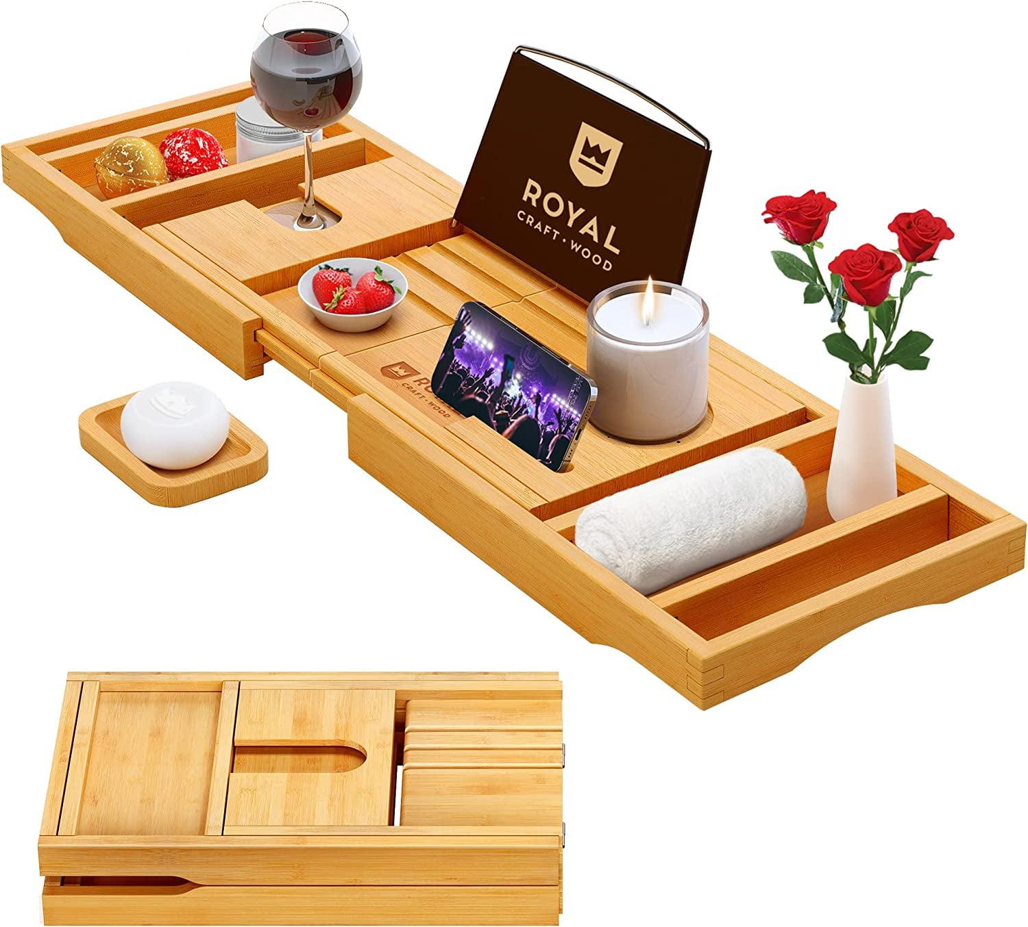 Natural Bamboo Foldable Bathtub Caddy Tray with Accessories