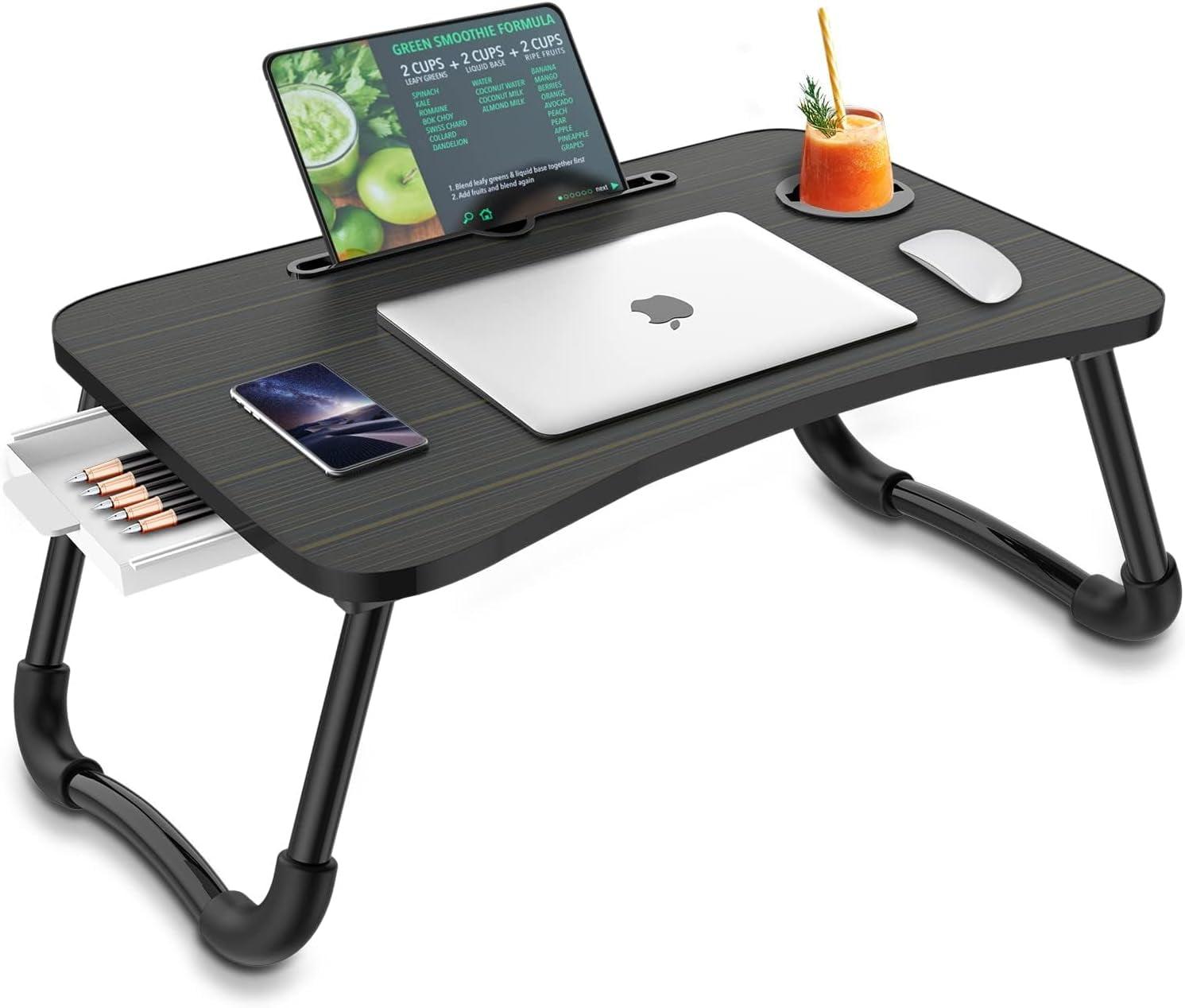 Foldable Laptop Bed Table Multi-function Lap Bed Tray Table with Storage Drawer and Water Bottle Holder, Serving Tray Dining Table with Slot for Eating, Working on Bed/Couch/Sofa (Arc shape)