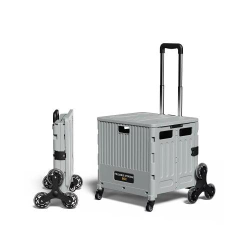 Folding Utility Cart Portable Rolling Crate Hand Truck Teacher Cart Heavy Duty Plastic Telescoping Handle Collapsible Hidden Lid Swivel Wheels for Travel Shopping Moving Office Use(Gray White)