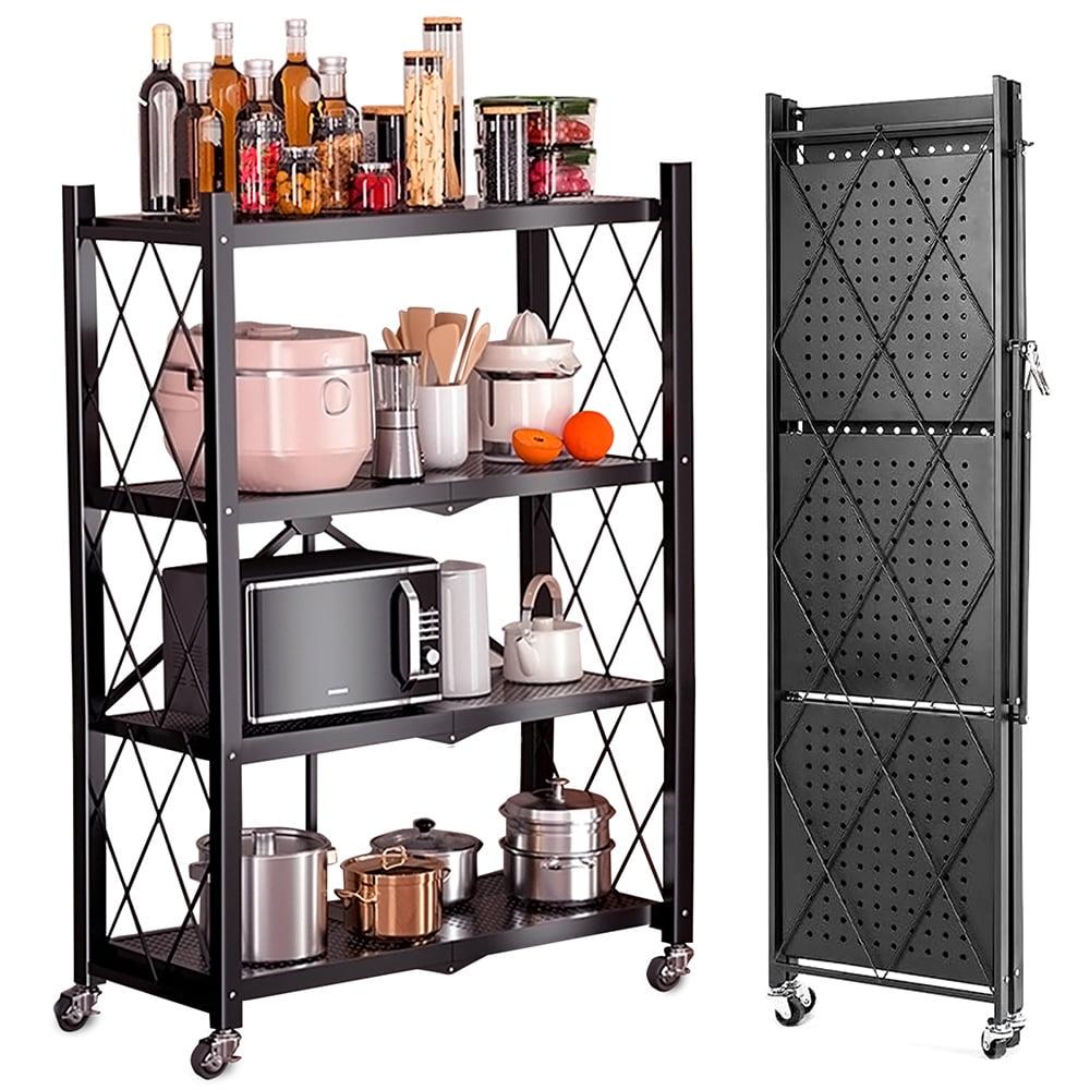 Foldable Storage Shelves, Heavy Duty Metal Shelving Unit for Garage, Kitchen & Basement Organization - 4-Tier Rack with Wheels, Easy Assembly, Black