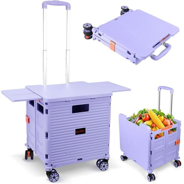 Folding Utility Cart Portable Rolling Crate Handcart with Magnetic Sliding Lid Telescoping Handle Heavy Duty Plastic Box Dolly 360Swivel Wheels for Travel Shopping Move Office Use(Purple Pro)