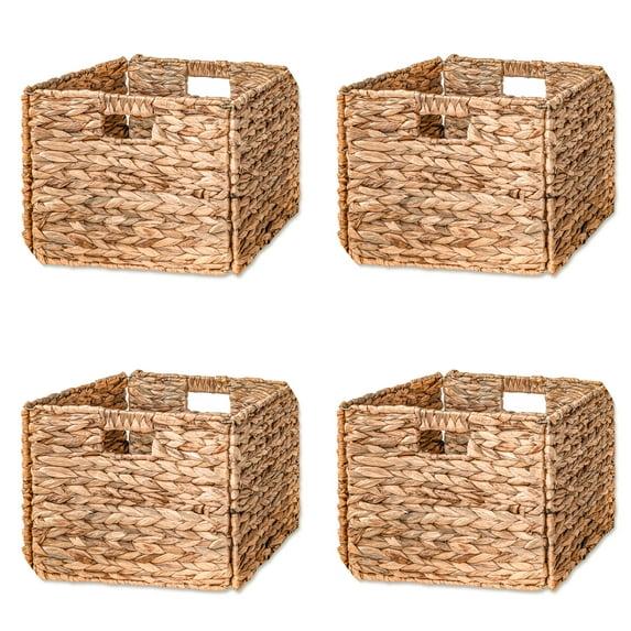 Foldable Water Hyacinth Storage Basket with Iron Wire Frame (Set of 4)