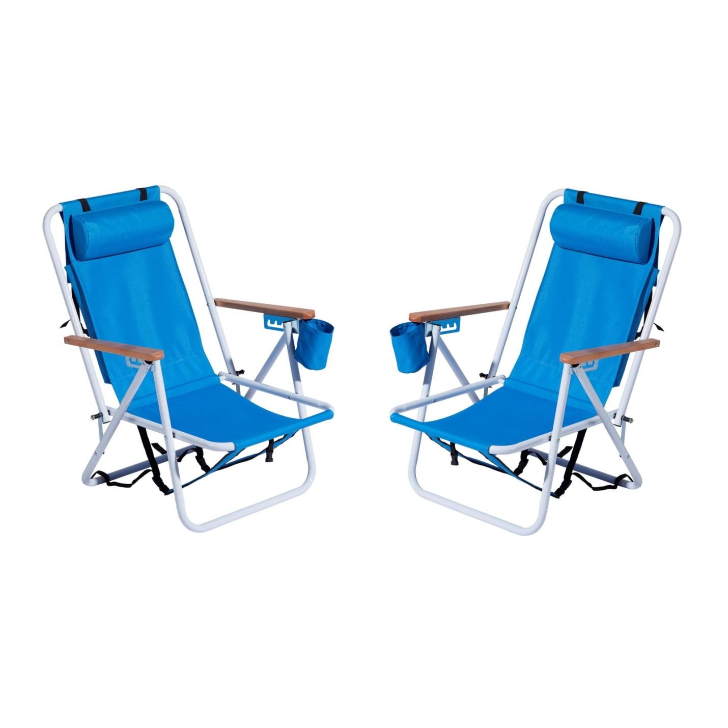 Blue Steel Folding Beach Armchair Set with Wooden Armrests